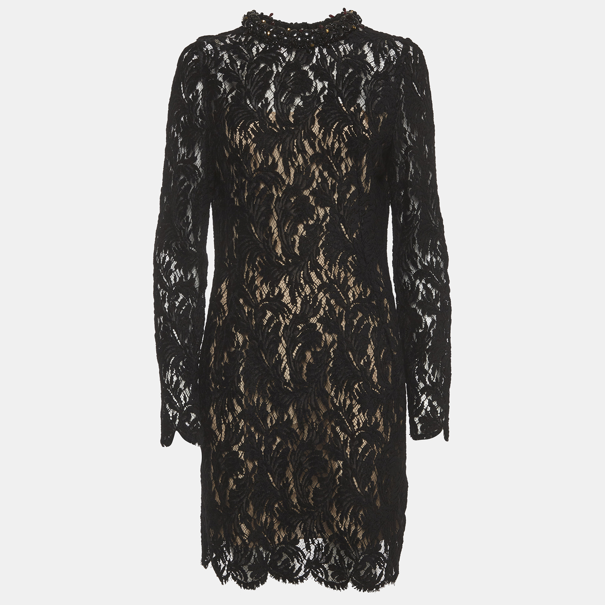 Lanvin Black Lace Bead Embellished Collar Mini Sheath Dress