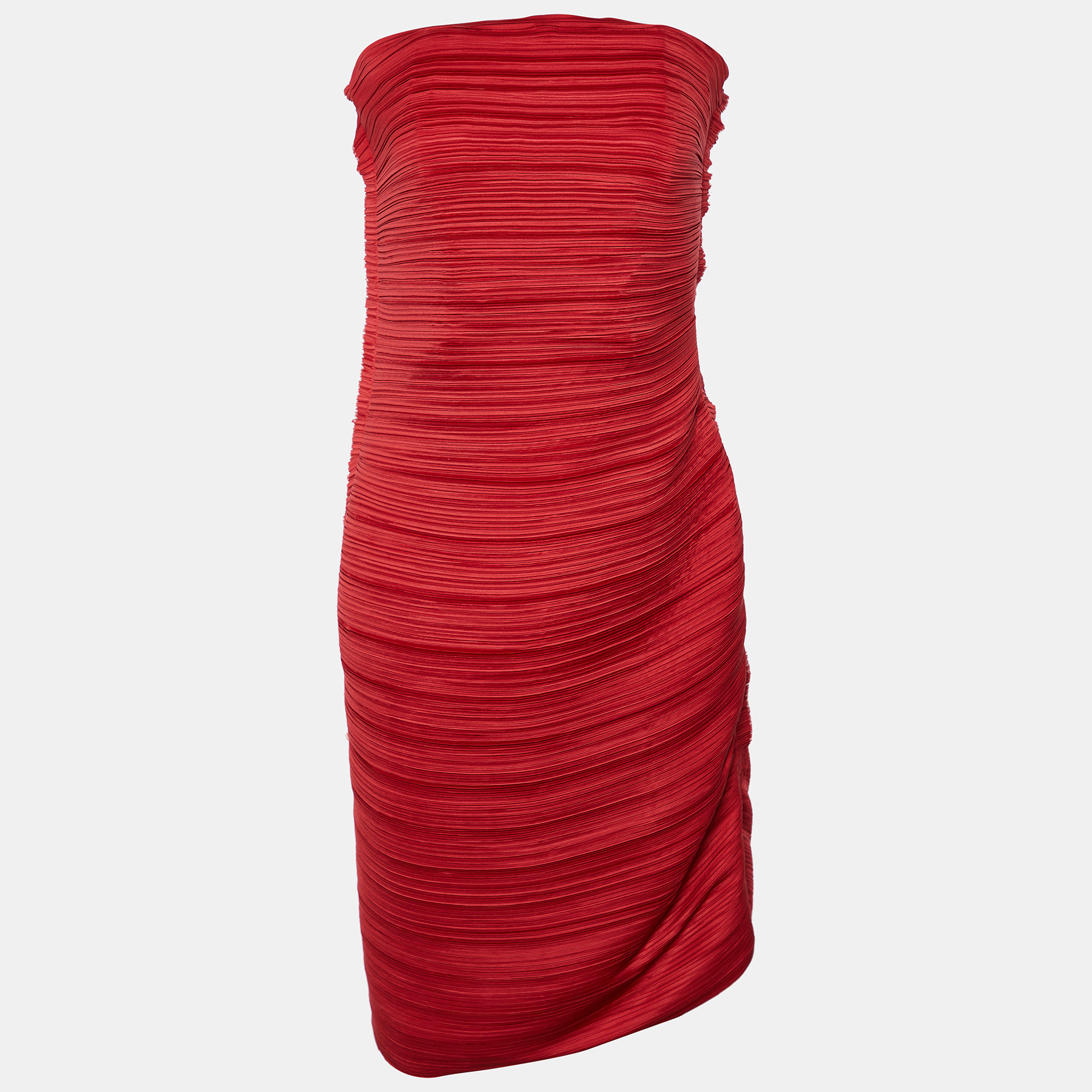 Lanvin Red Plisse Strapless Mini Dress