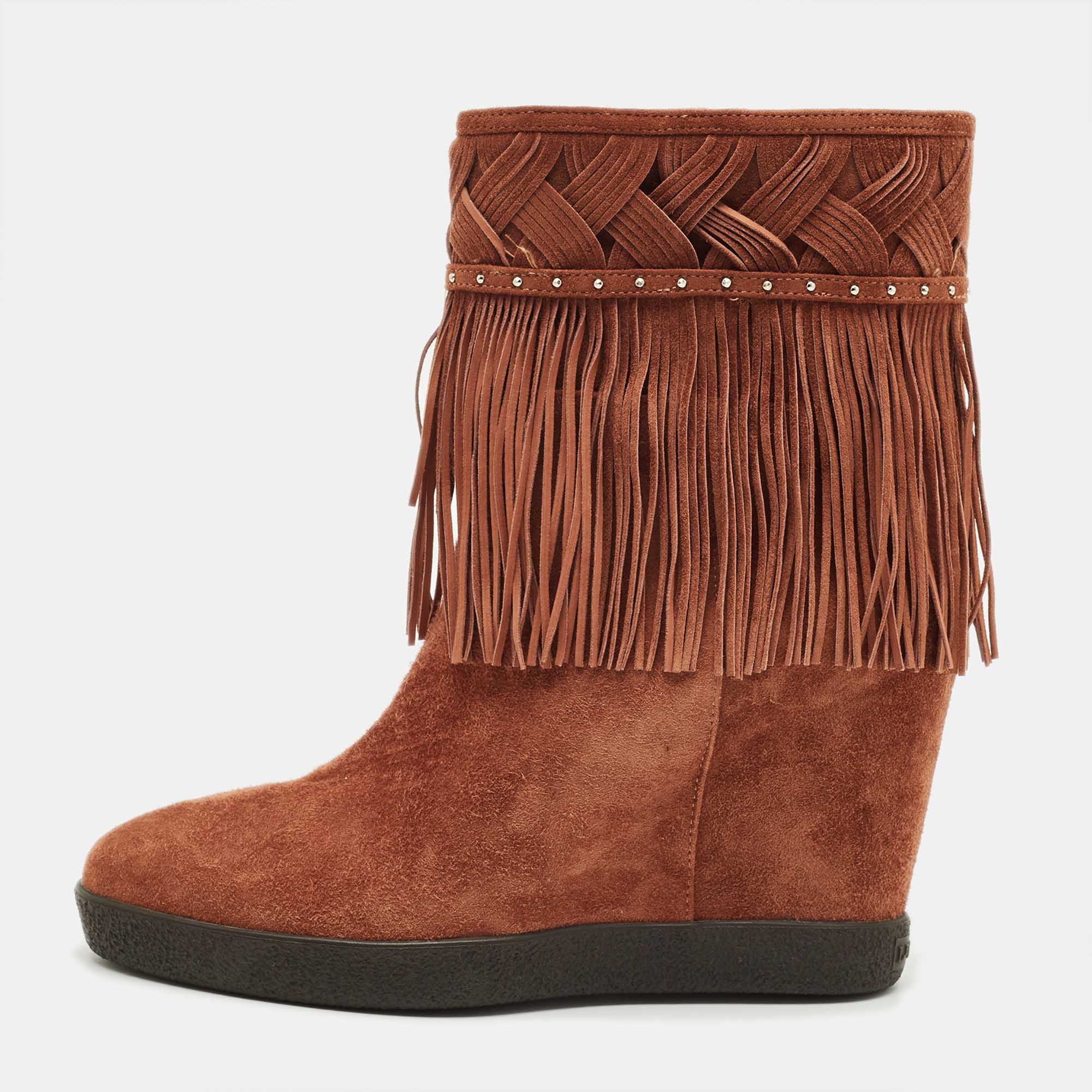 Le Silla Brown Suede Fringe Wedge Ankle Length Boots
