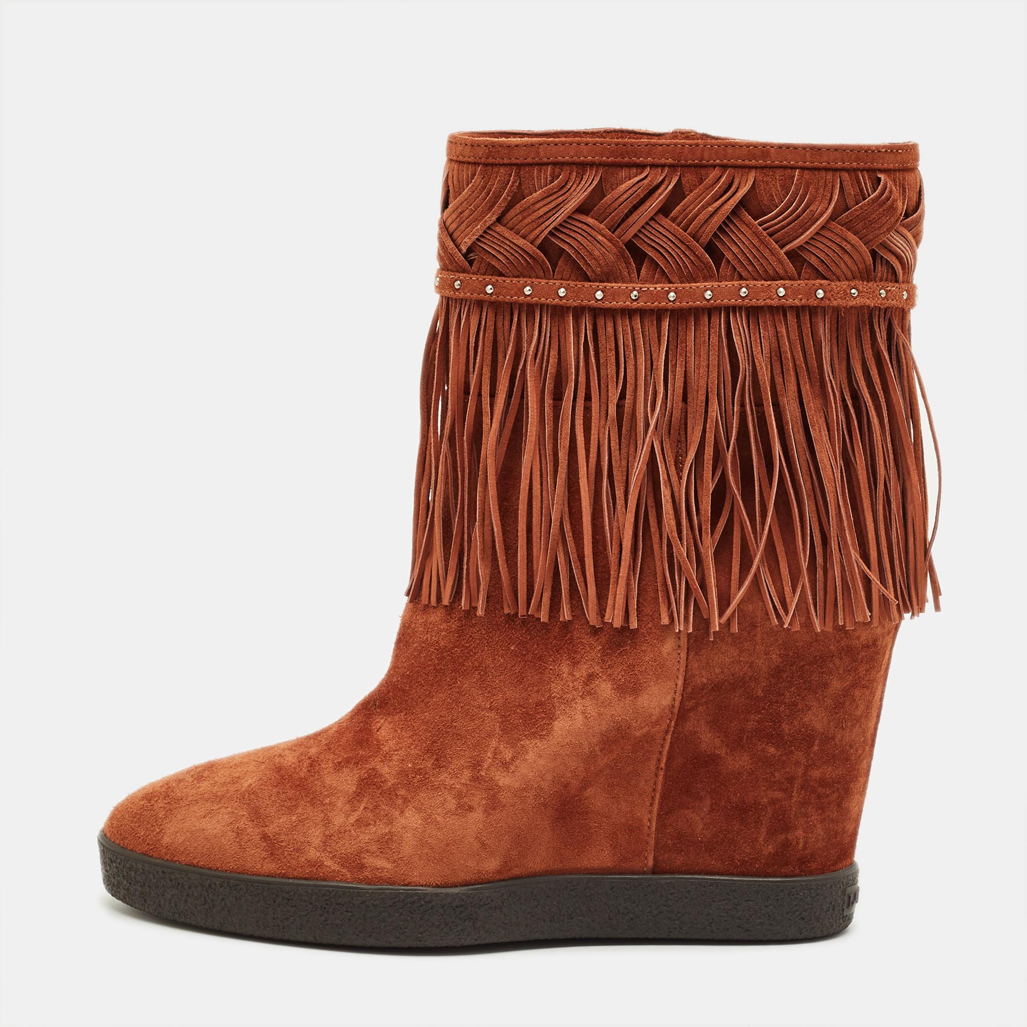 Le Silla Brown Suede Fringe Wedge Ankle Boots