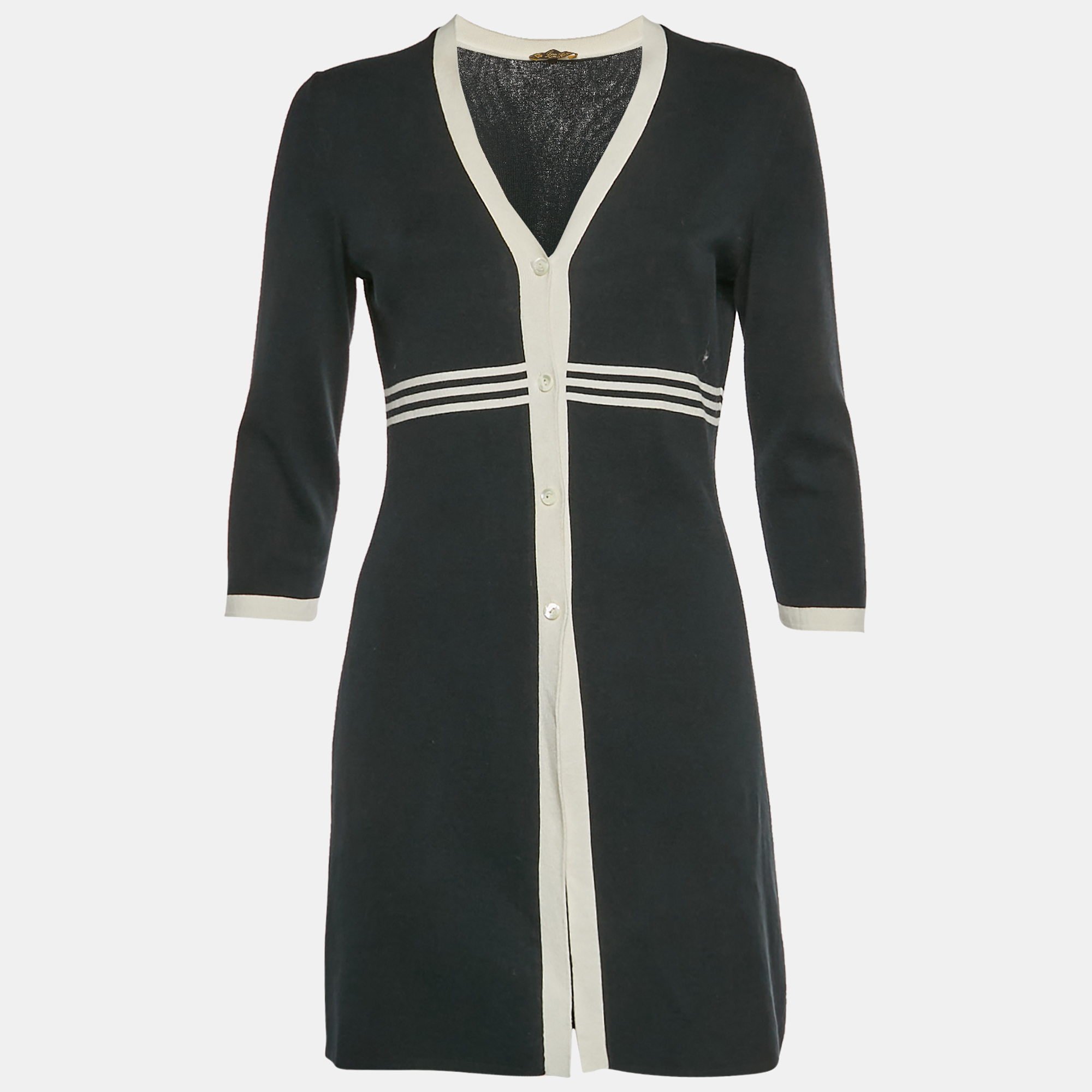 Loro Piana BlackWhite Rib Knit Button Up Mini Dress