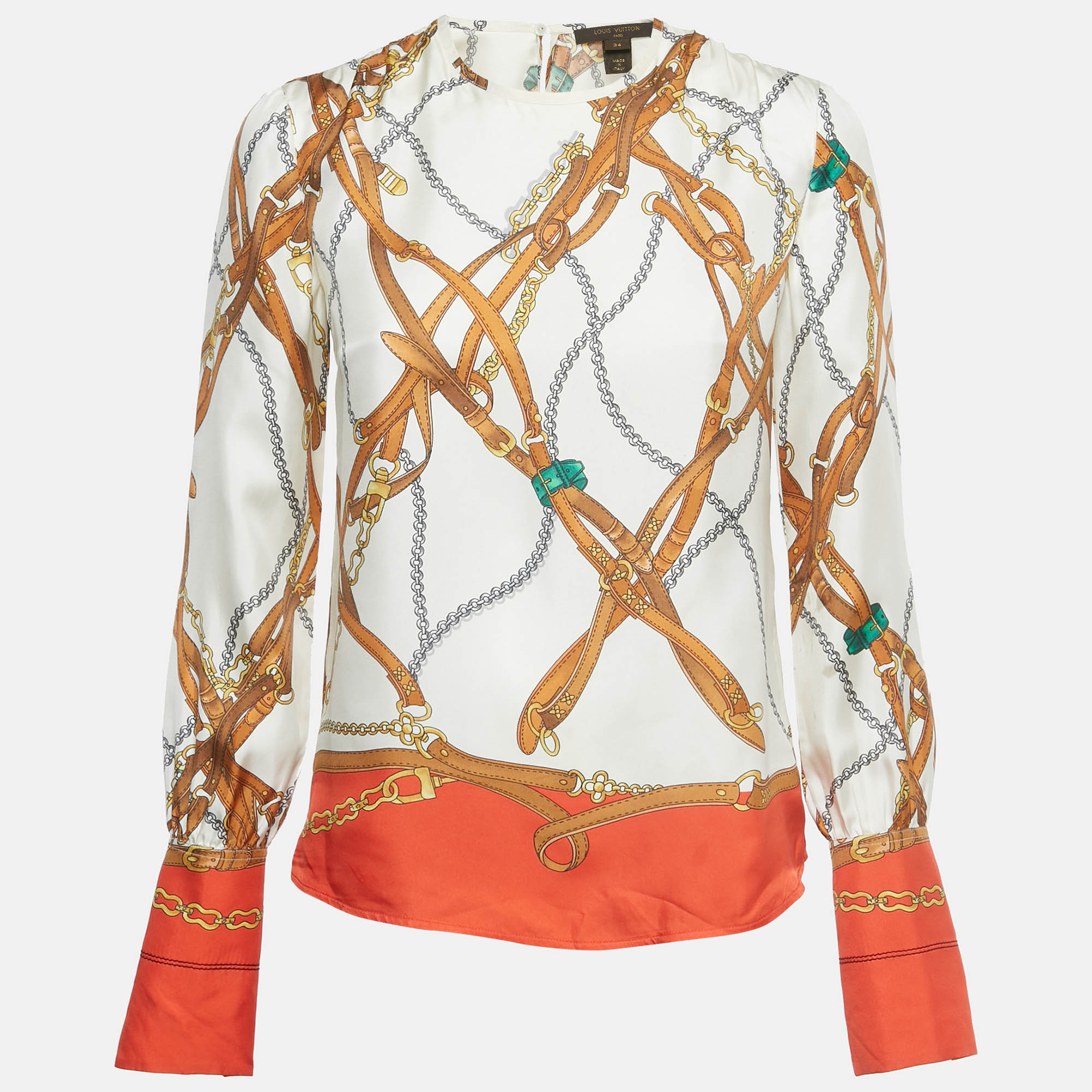 Louis Vuitton Cream Belt Print Silk Blouse