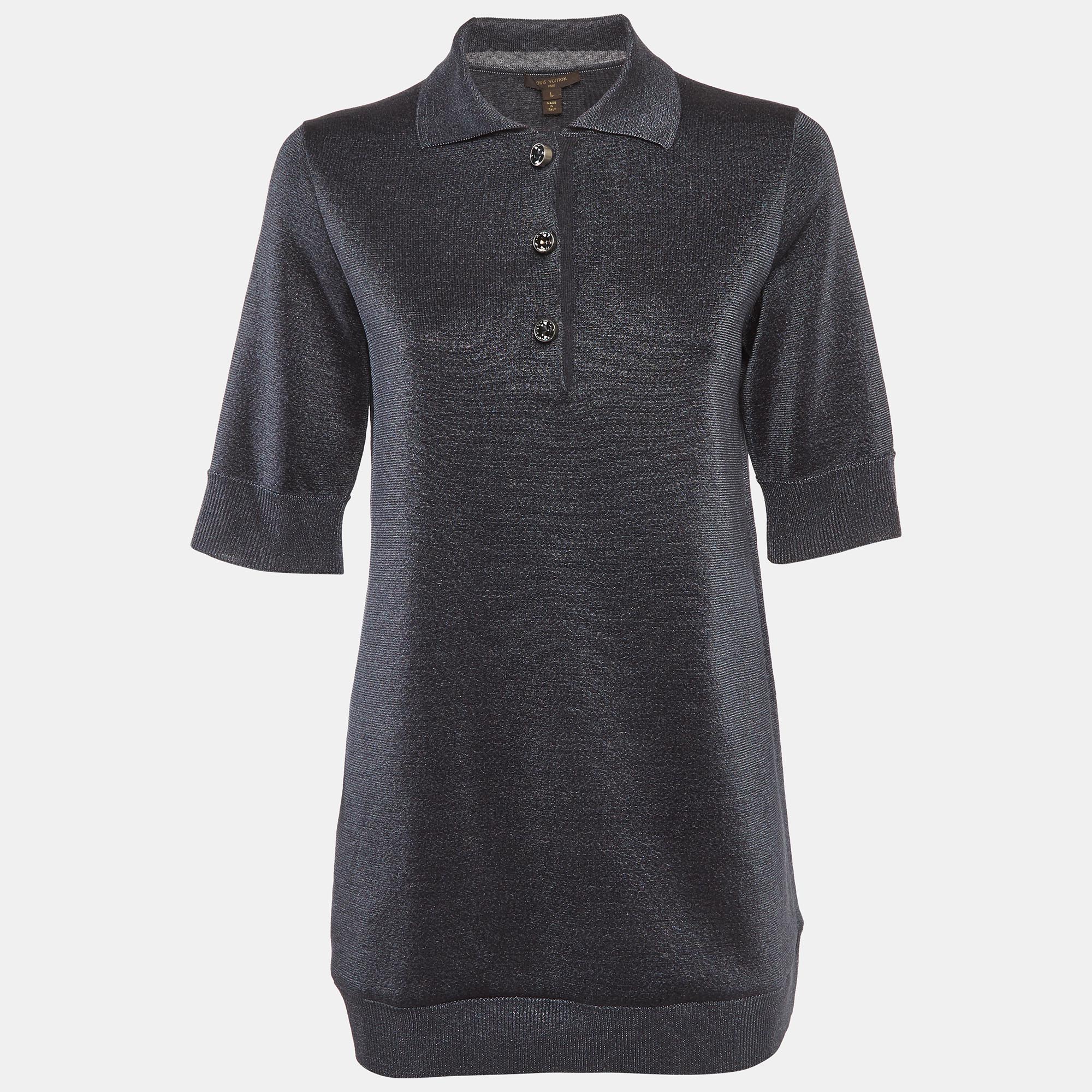 Louis Vuitton Blue Lurex Knit Mini Shirt Dress