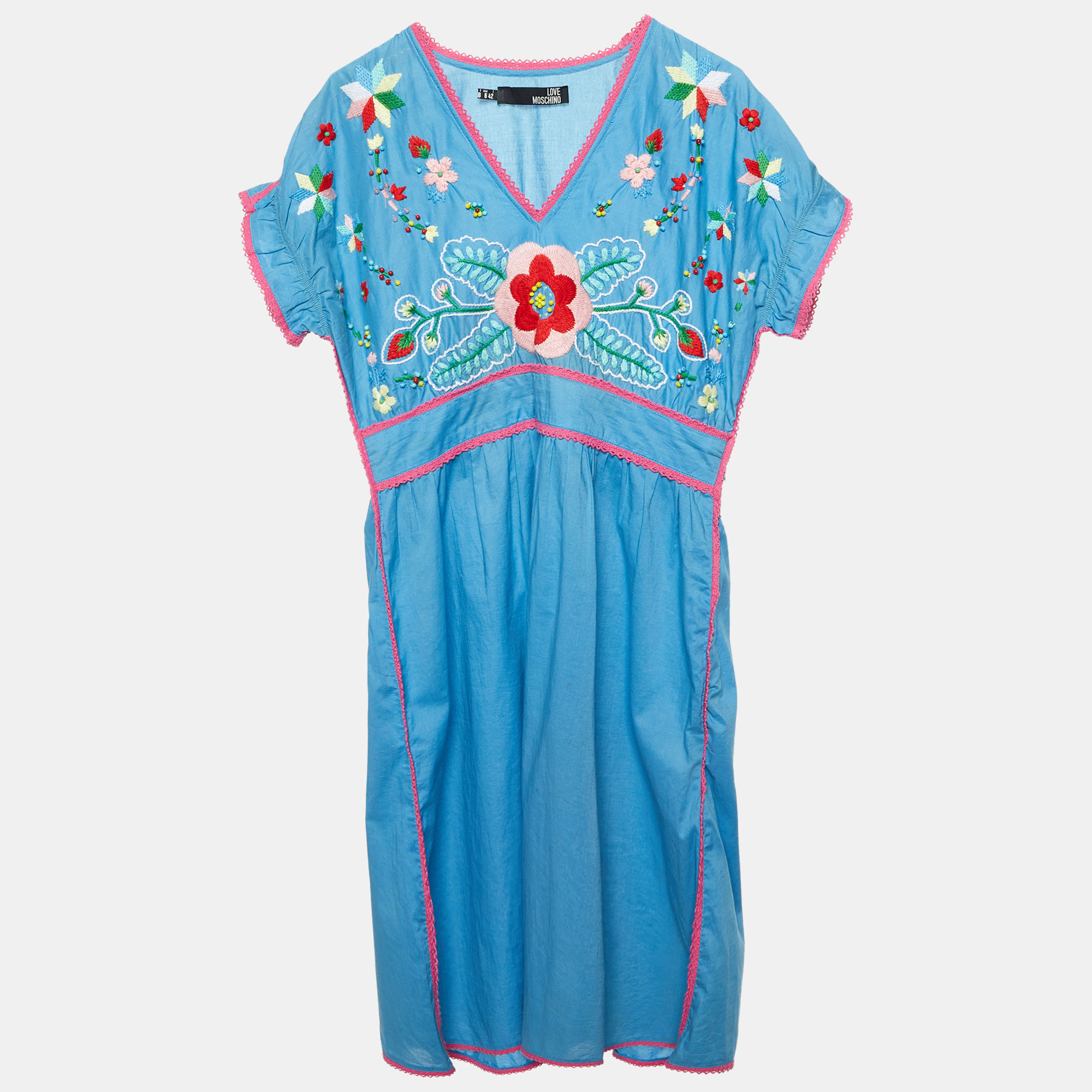 Love Moschino Blue Floral Embroidered Cotton V-Neck Dress