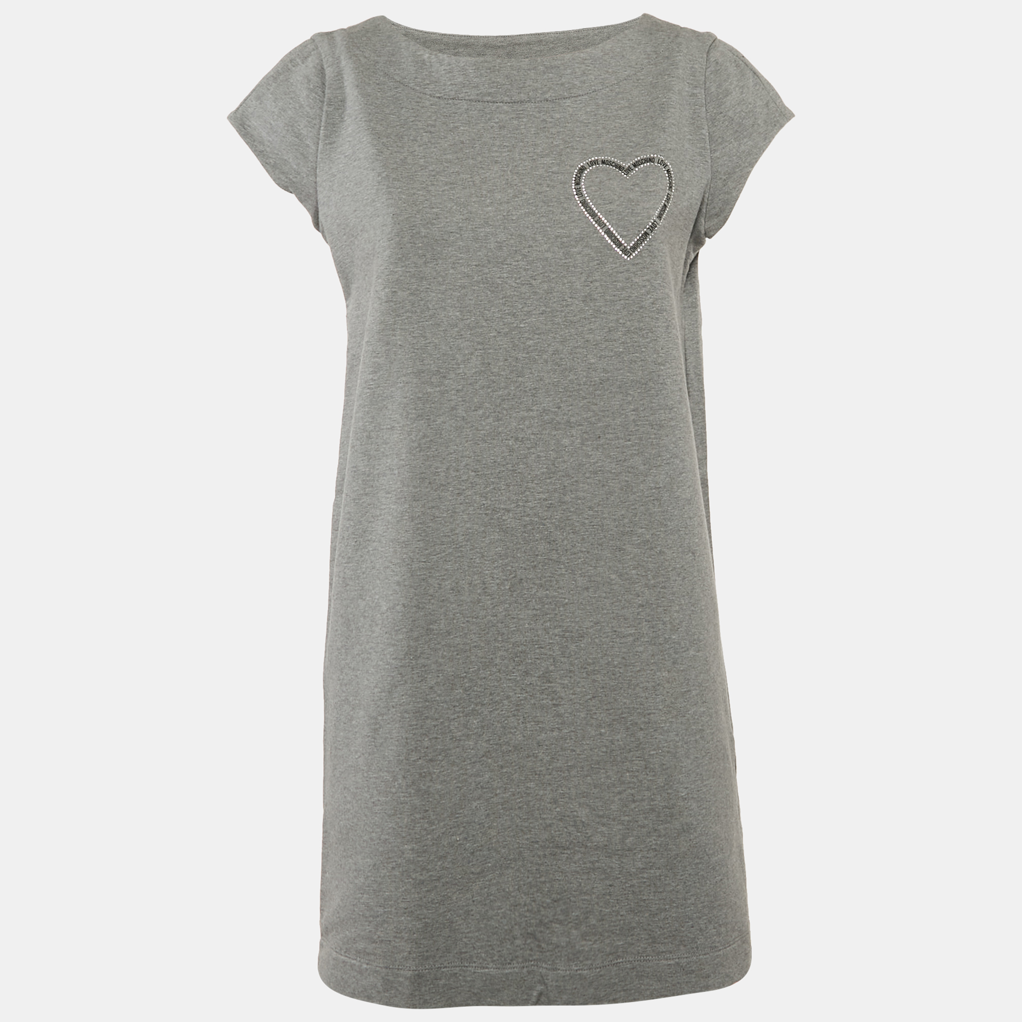 Love Moschino Grey Logo Embellished Cotton Knit Mini Dress