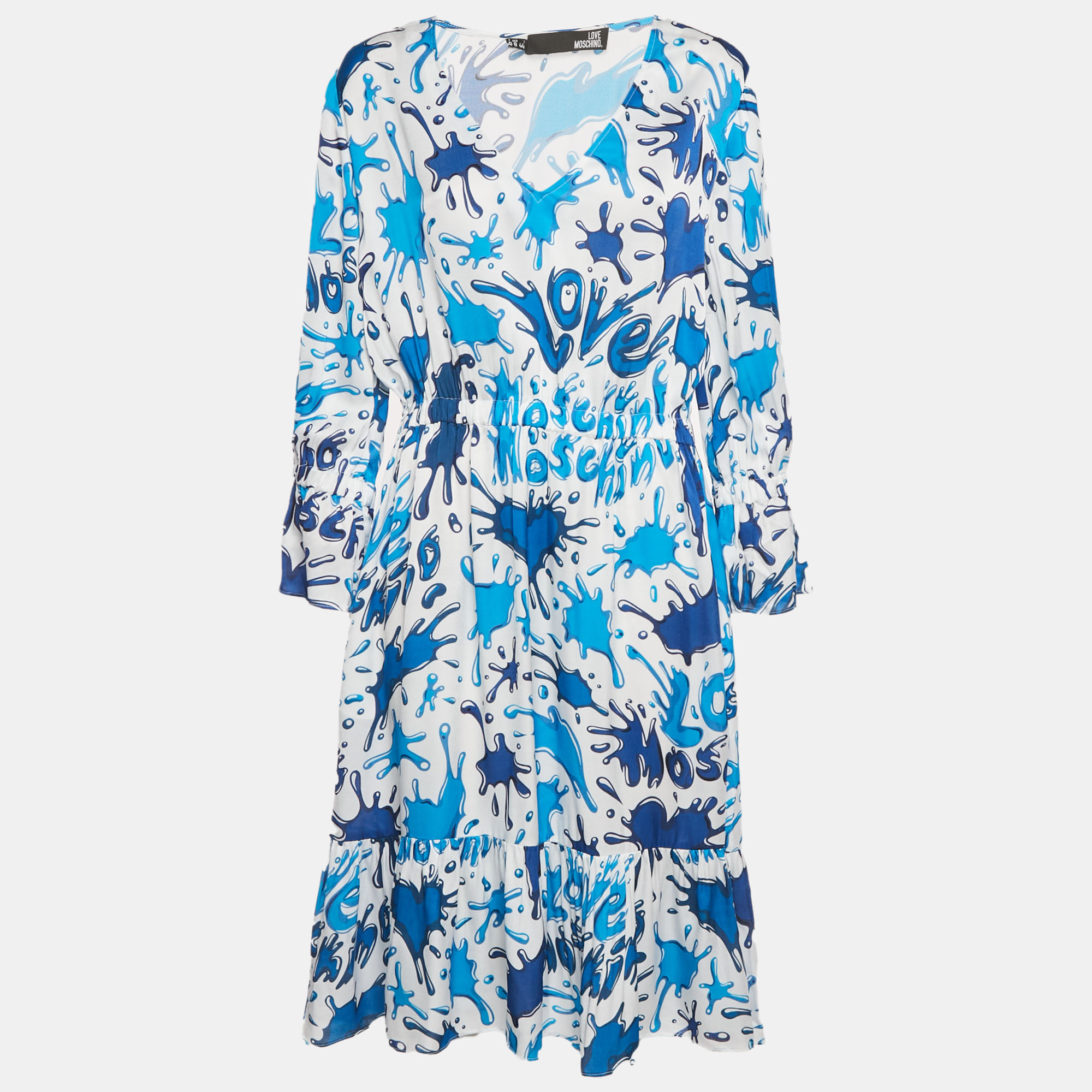Love Moschino BlueWhite Paint Splashed Satin Midi Dress