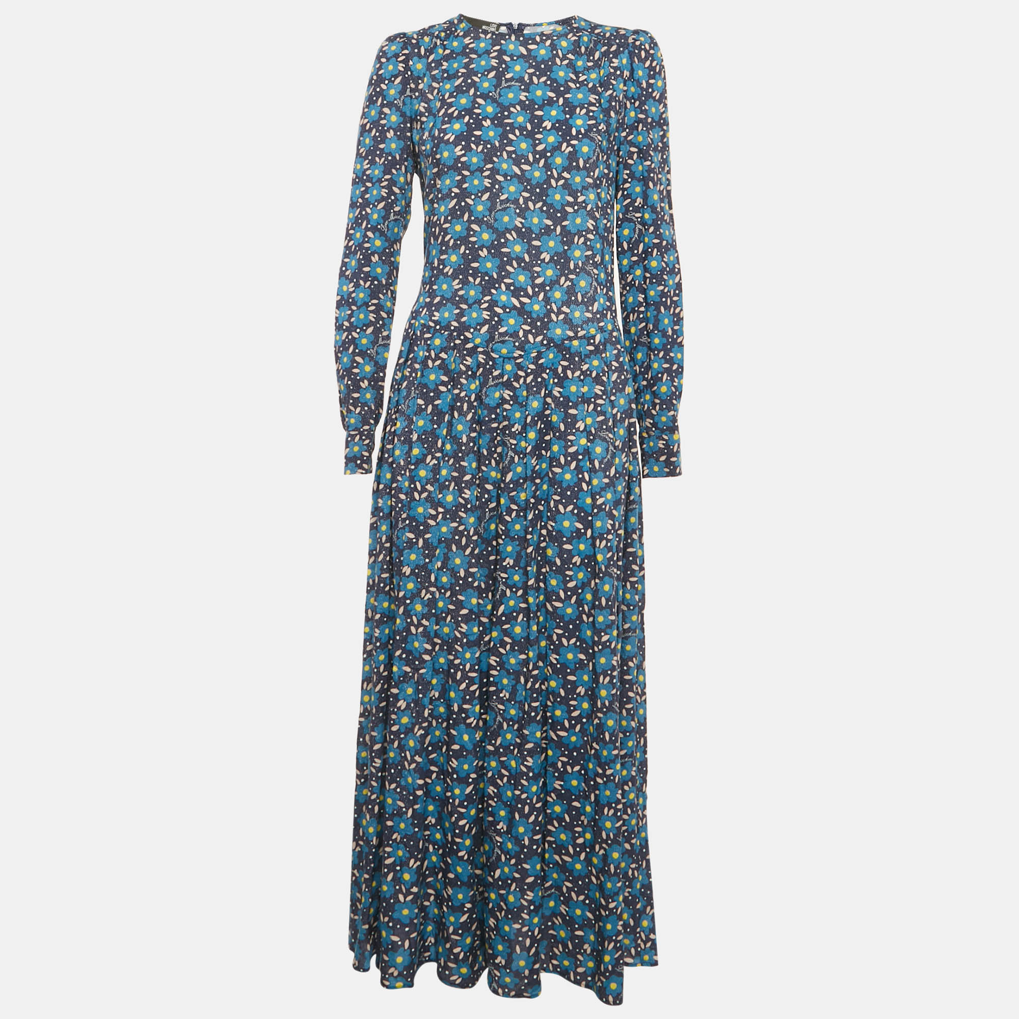 Love Moschino Blue Floral Print Crepe Pleated Maxi Dress