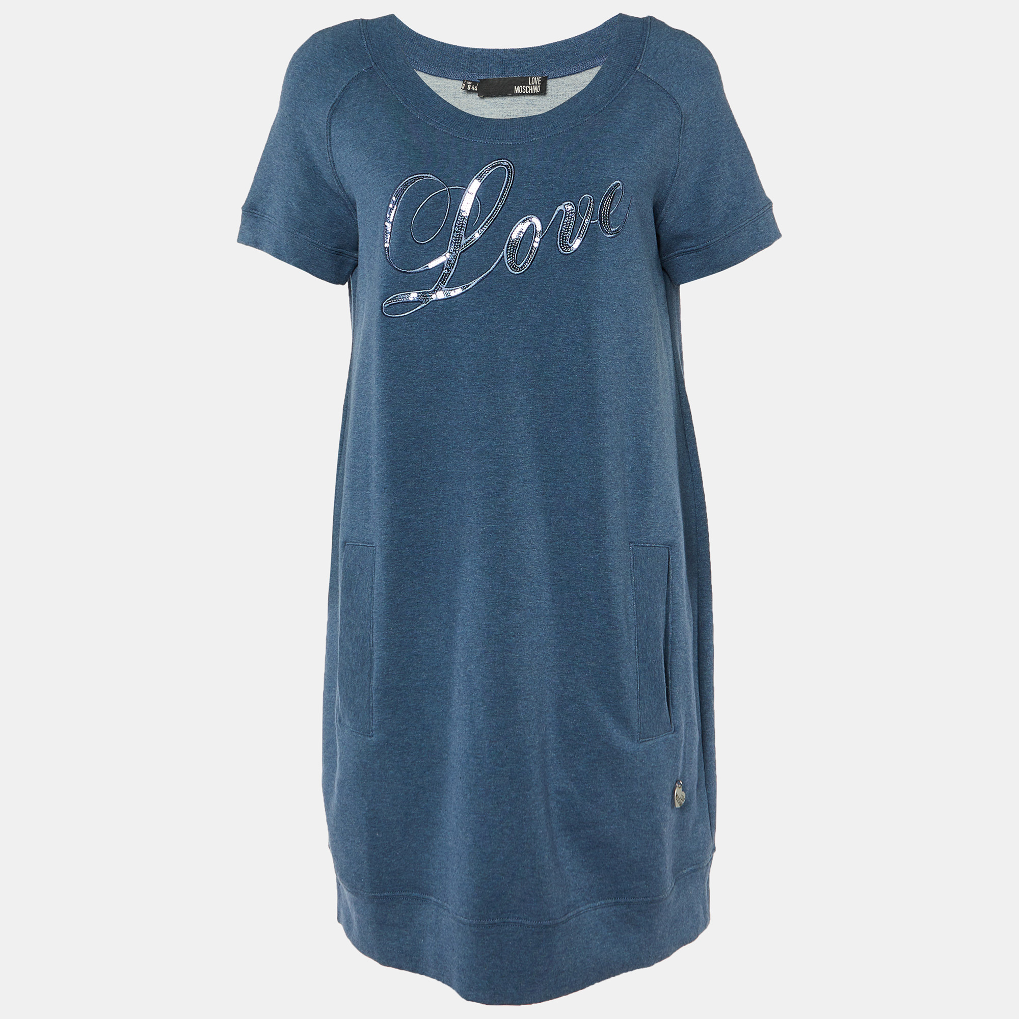 Love Moschino Blue Cotton Knit Sequin logo Embroidered Sweater Mini Dress