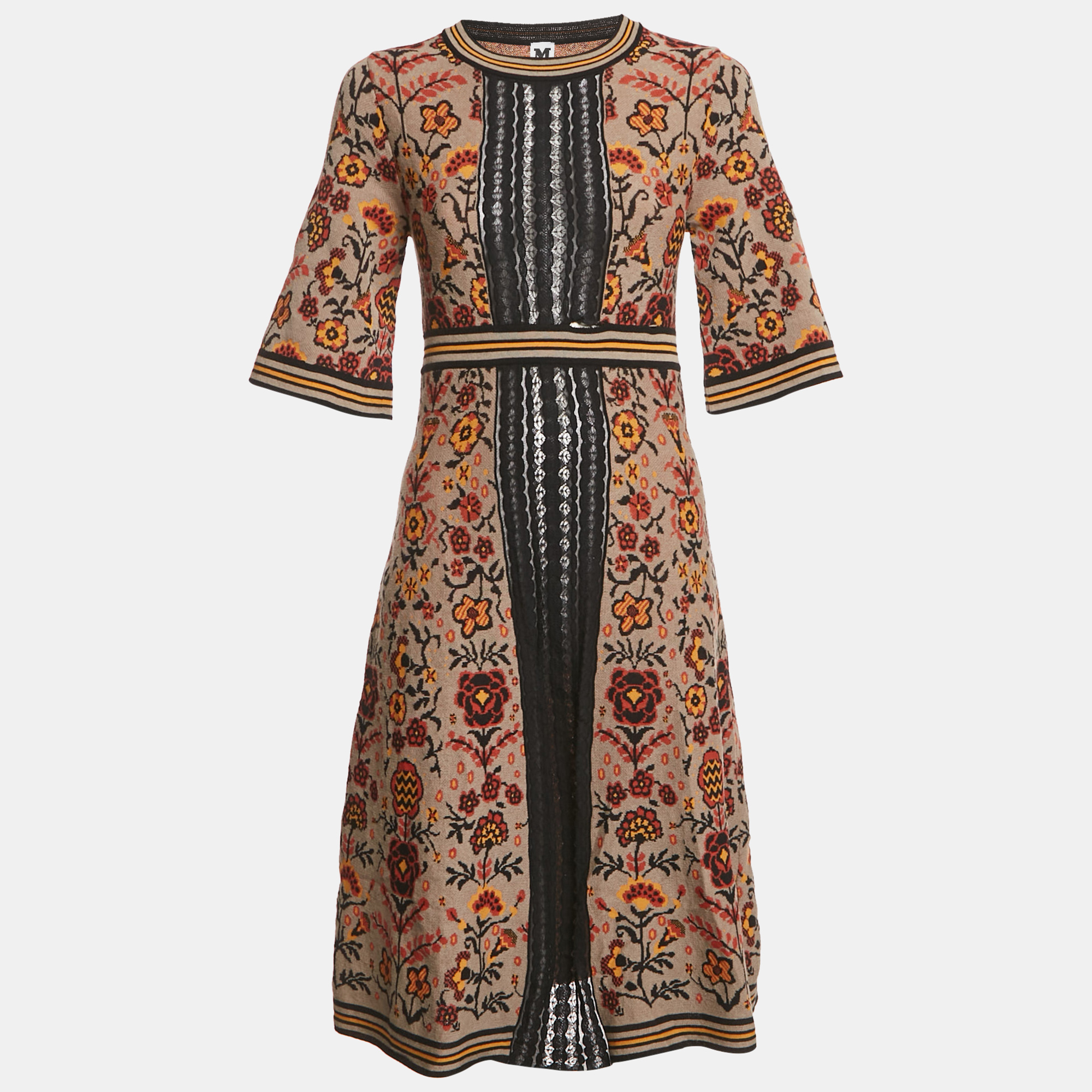 M Missoni Brown Floral Pattern Knit Lace Trim Midi Dress