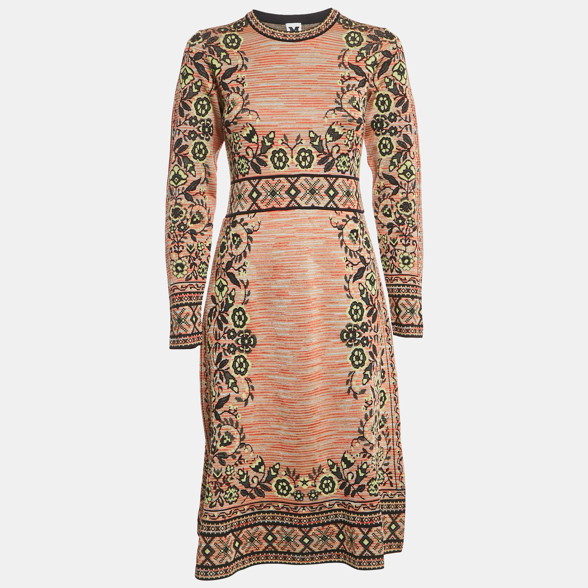 M Missoni BeigeGreen Floral Pattern Knit Long Sleeve Midi Dress