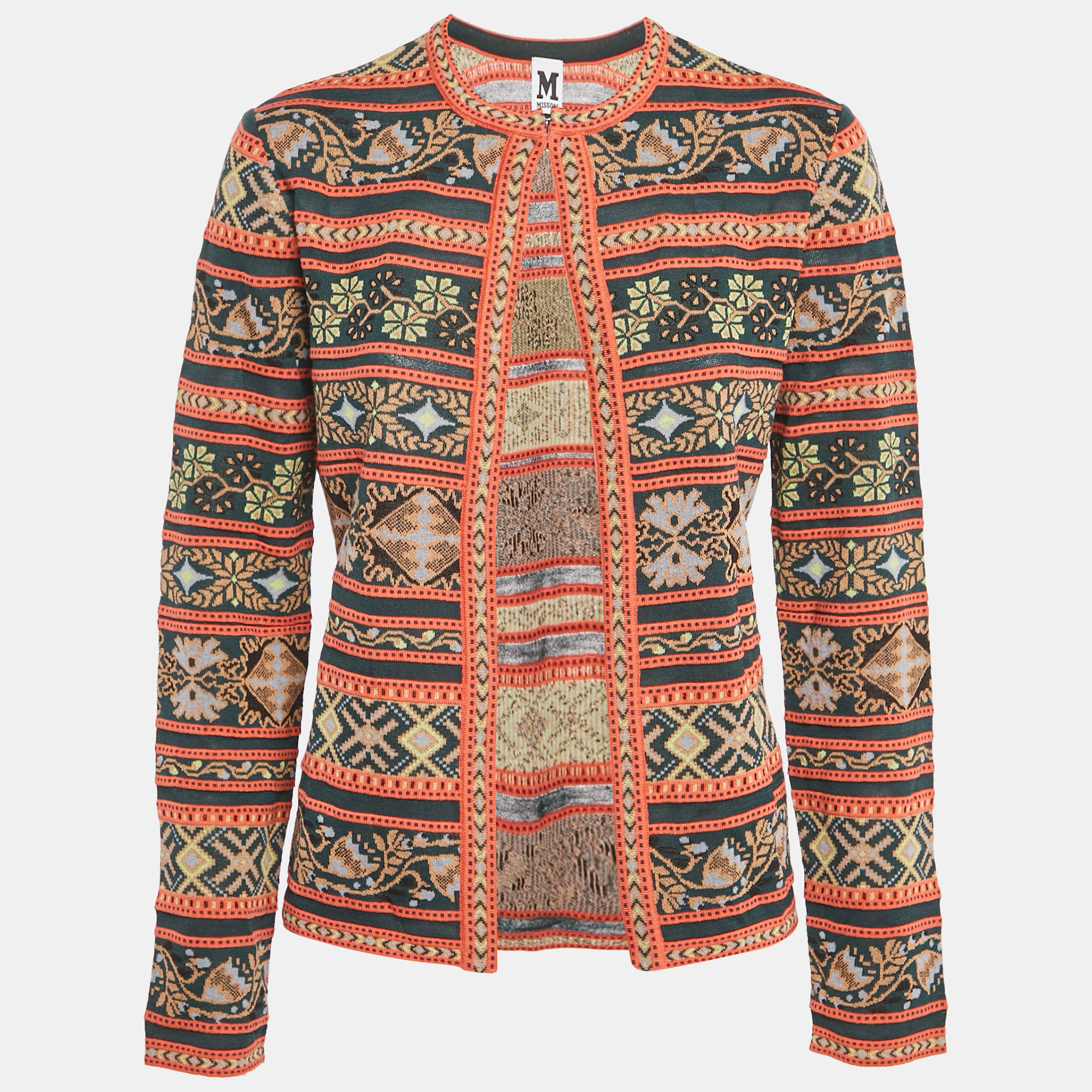 M Missoni Teal GreenOrange Floral Pattern Knit Cardigan