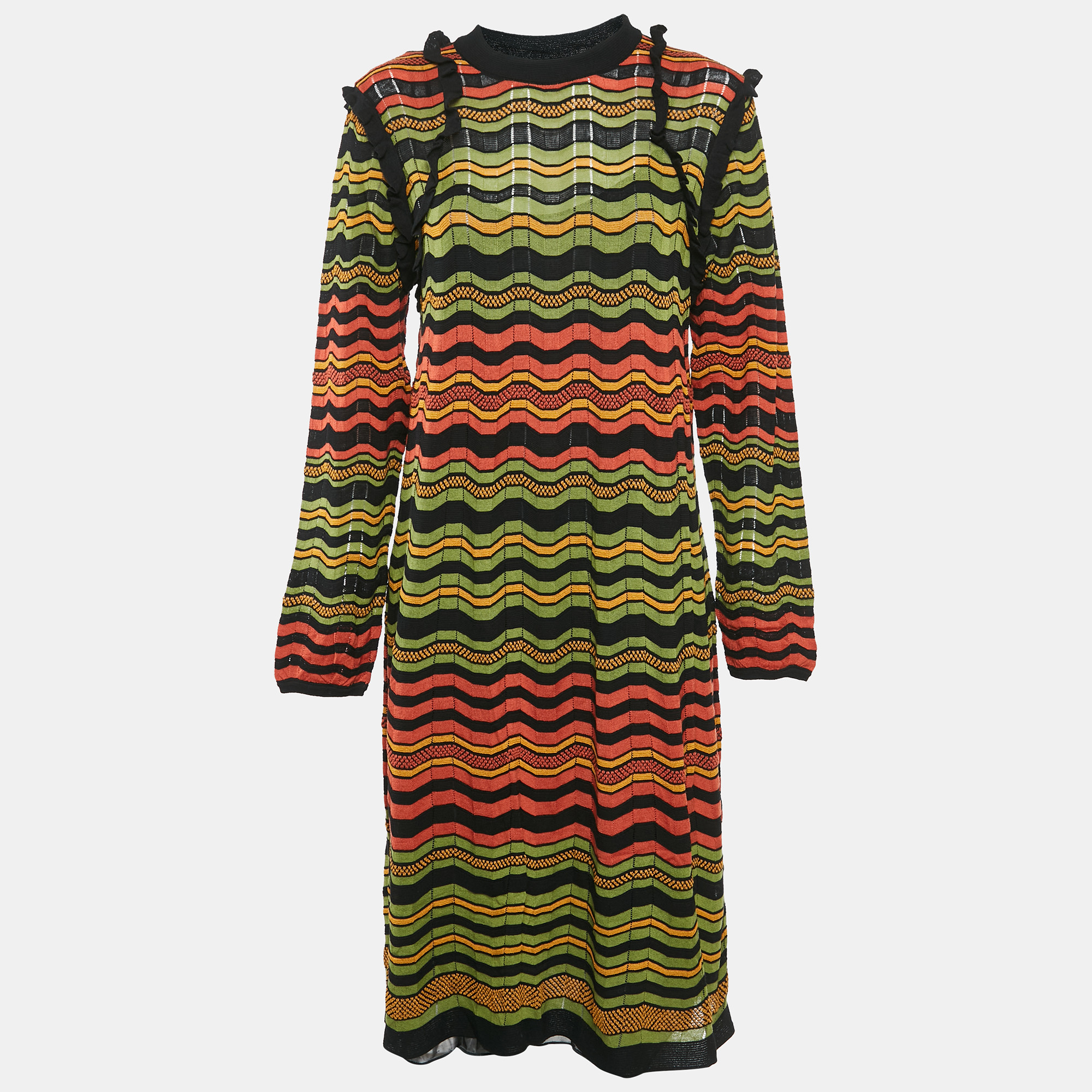 M Missoni GreenOrange Patterned Knit Ruffle Detail Midi Dress