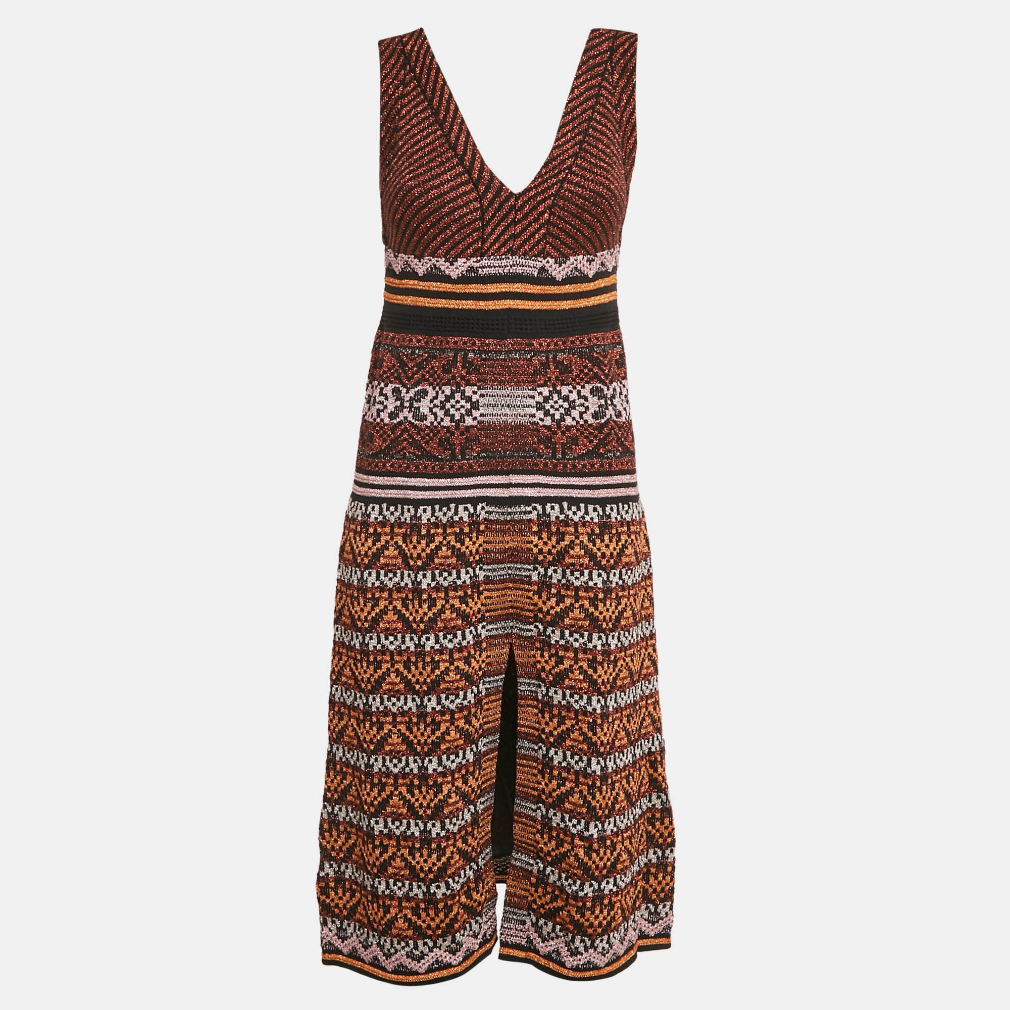 M Missoni Metallic Patterned Lurex Knit V-Neck Sleeveless Midi Dress