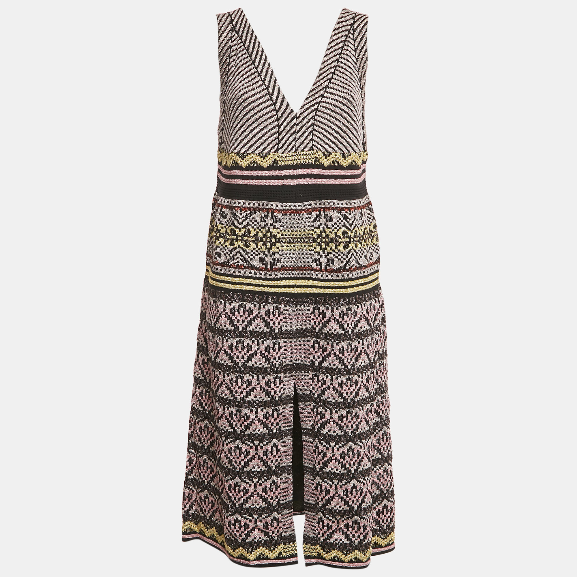 M Missoni BlackPink Patterned Lurex Knit V-Neck Midi Dress