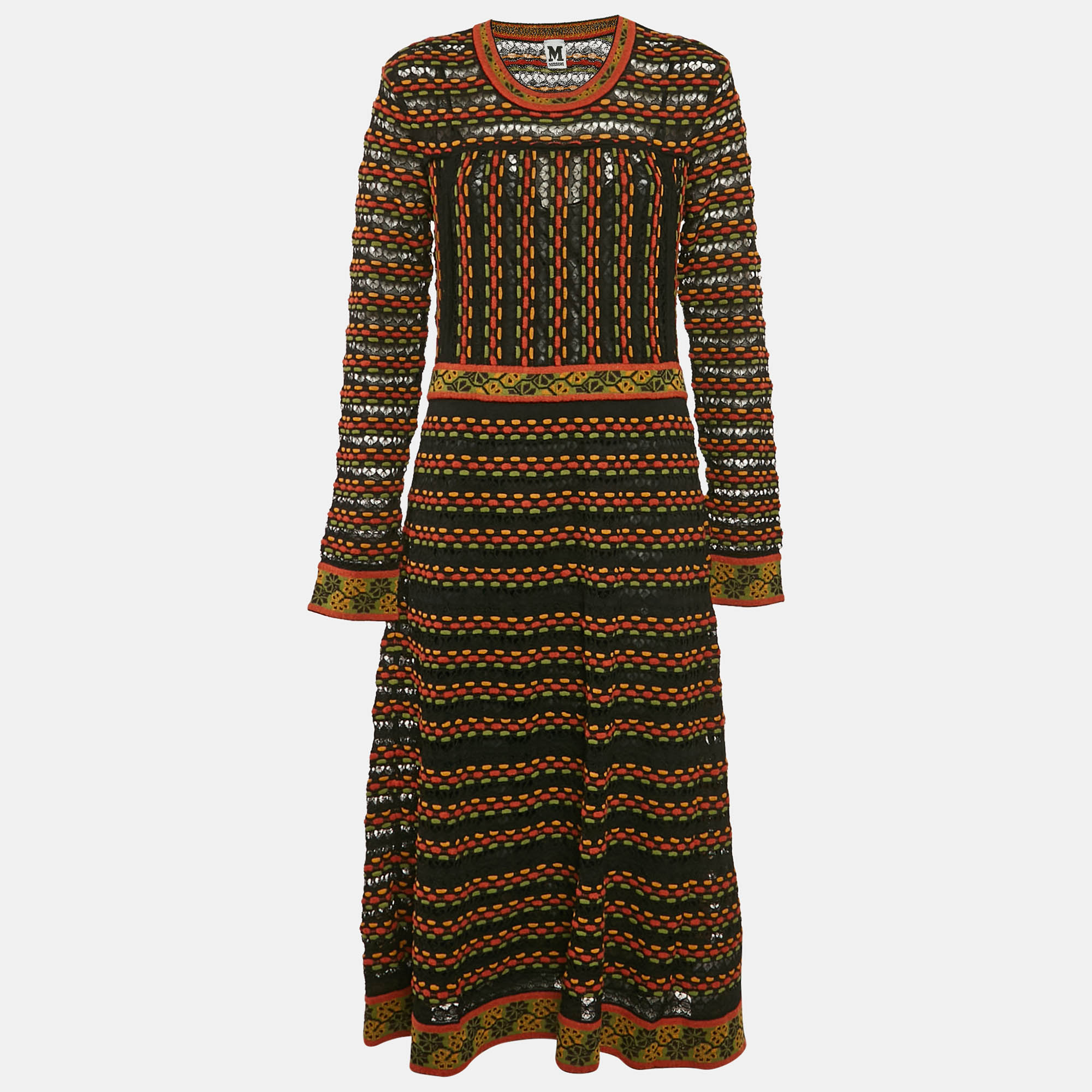 M Missoni BlackOrange Pointelle Knit Long Sleeve Midi Dress