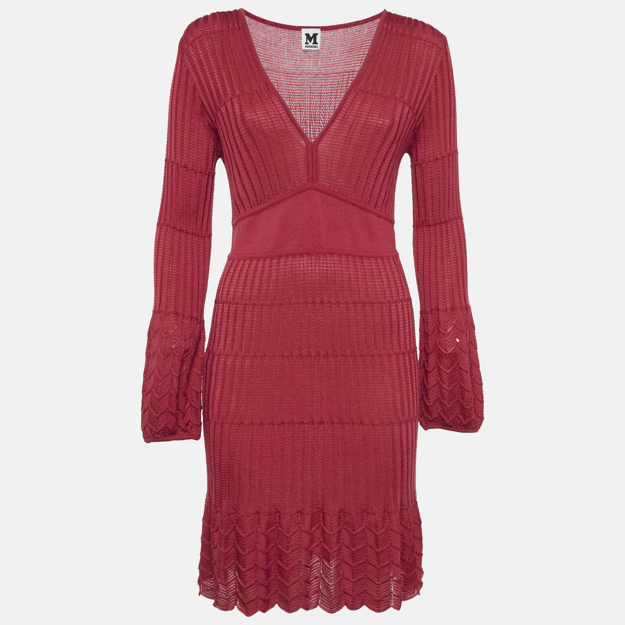 M Missoni Red Patterned Knit V-Neck Midi Dress
