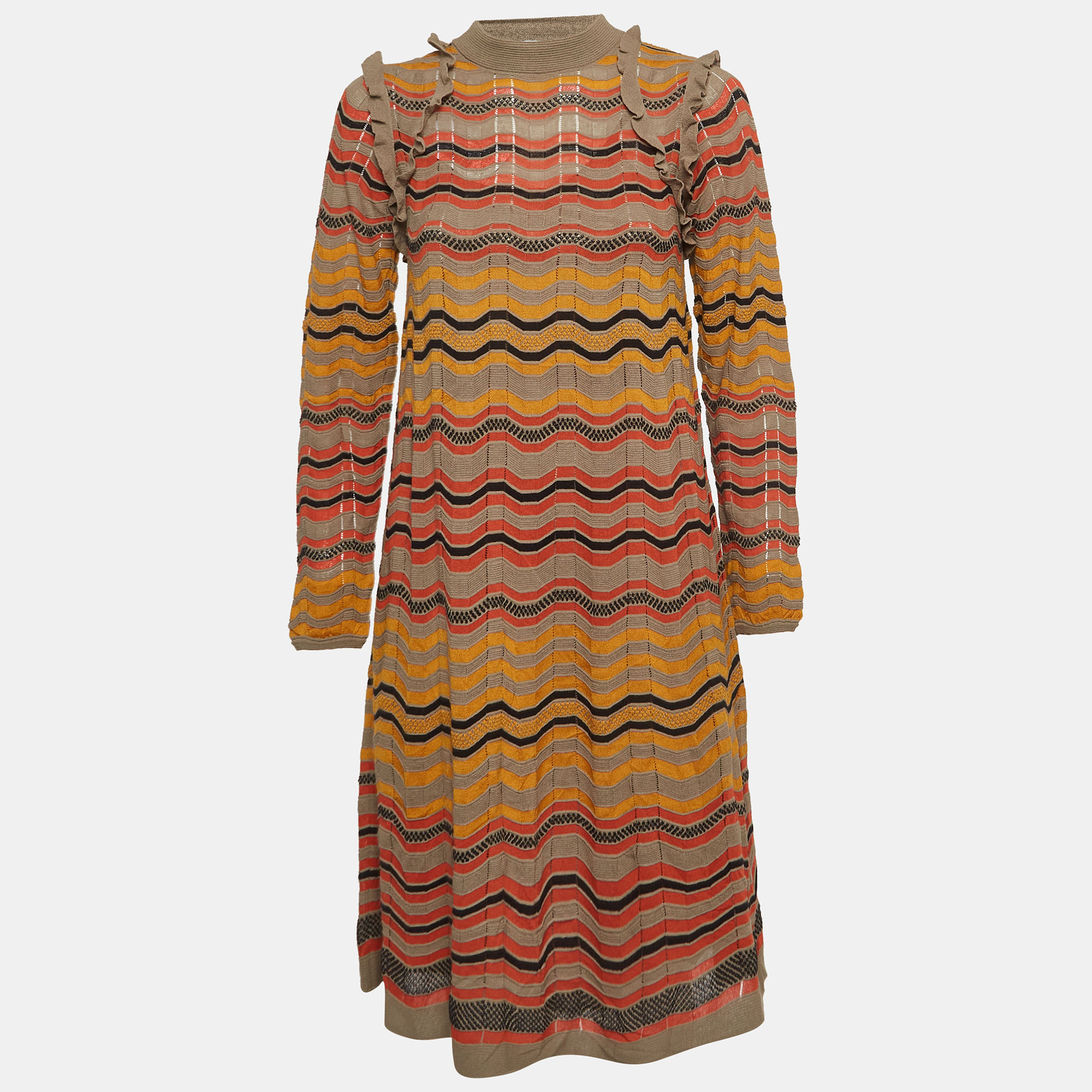 M Missoni Multicolor Patterned Knit Ruffled Dress