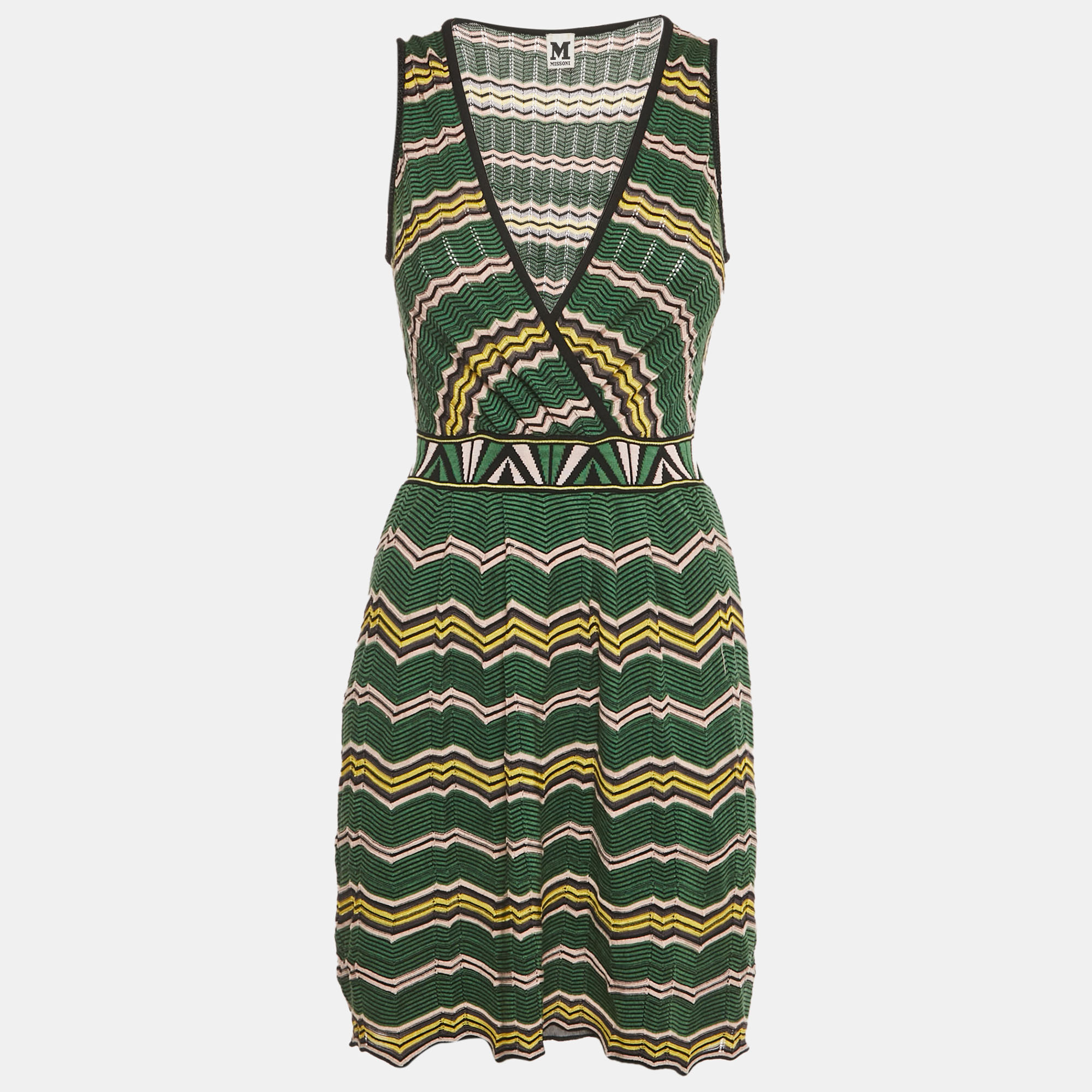 M Missoni Green Zig Zag Pattered Knit Mini Dress