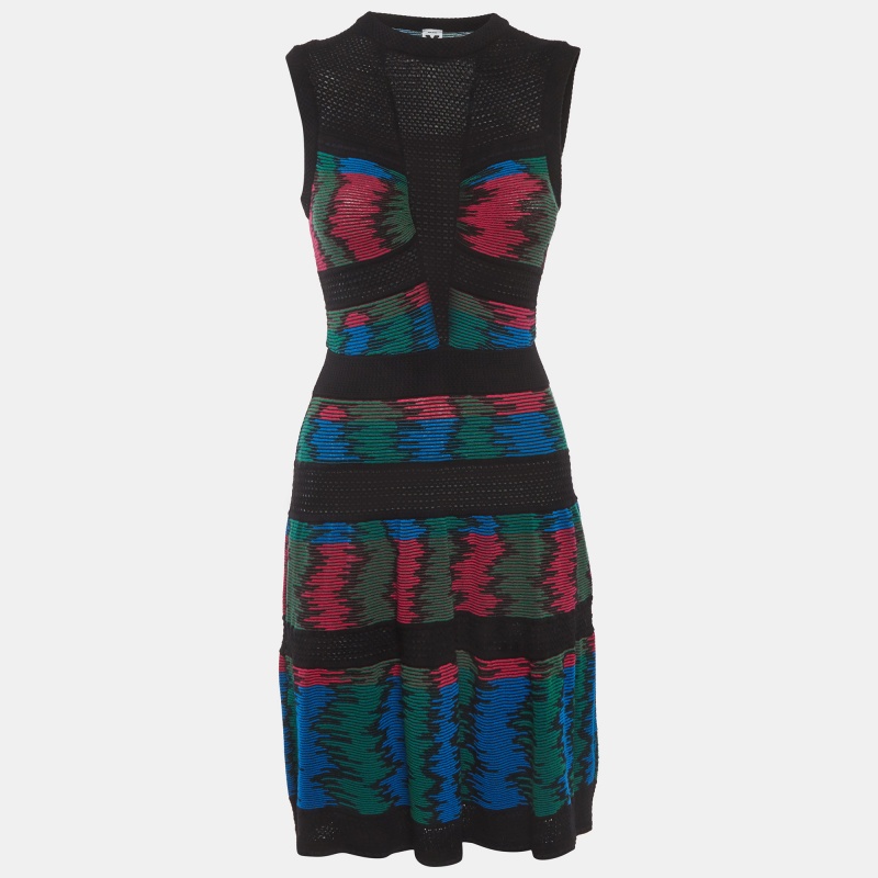 M Missoni Multicolor Jacquard Knit Mesh Detail Mini Dress