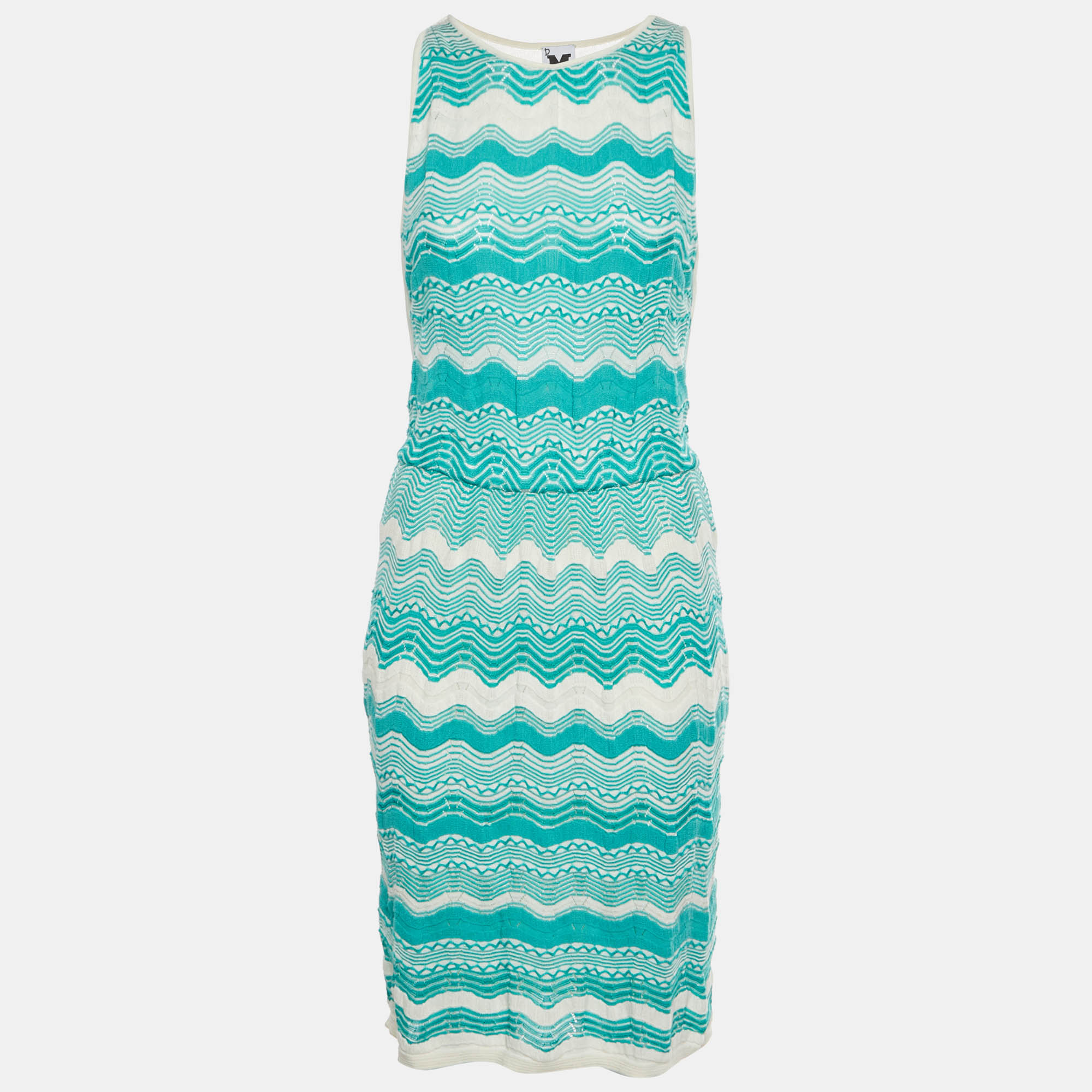 M Missoni WhiteTurquoise Zig Zag Knit Sleeveless Midi Dress
