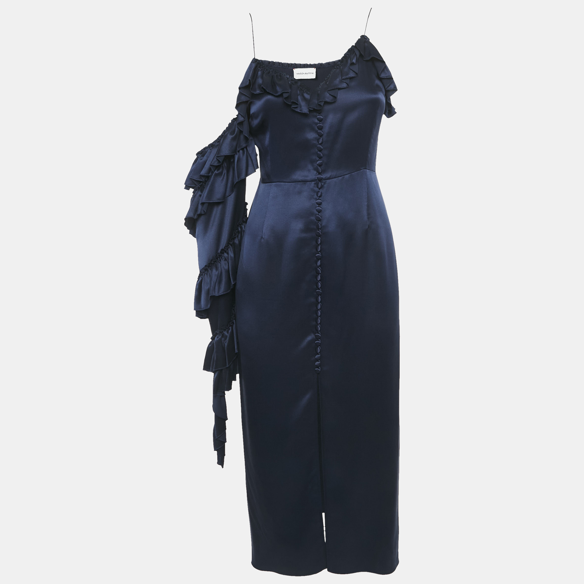 Magda Butrym Navy Blue satin Silk Ruffled Asymmetric Sleeve Midi Dress