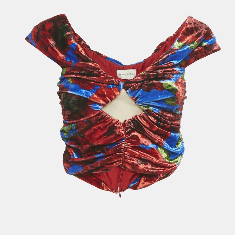 Magda Butrym MulticolorRed Printed Velvet Ruched Crop Top