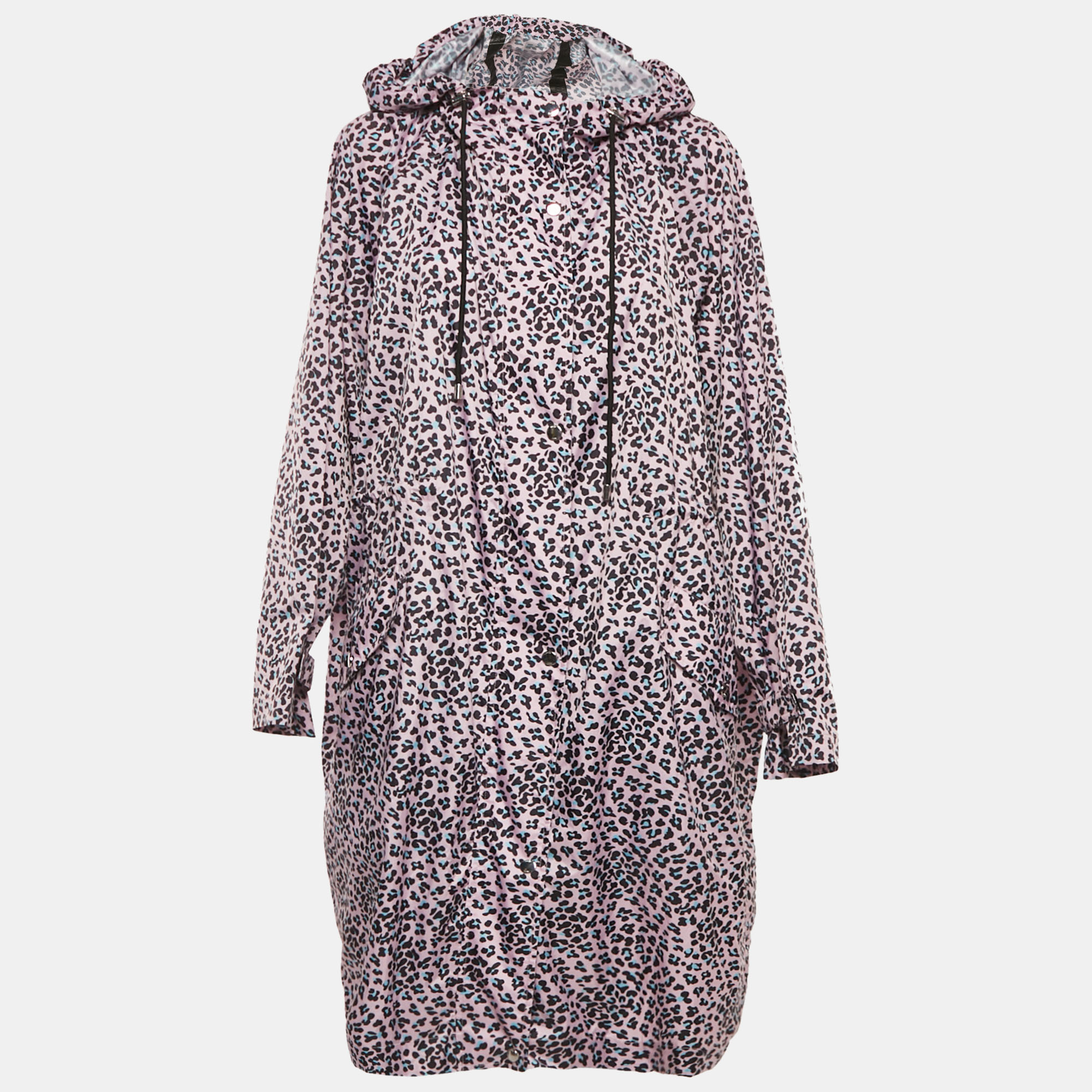 Maje Pink Leopard Print Synthetic Zip-Up Hooded Long Coat