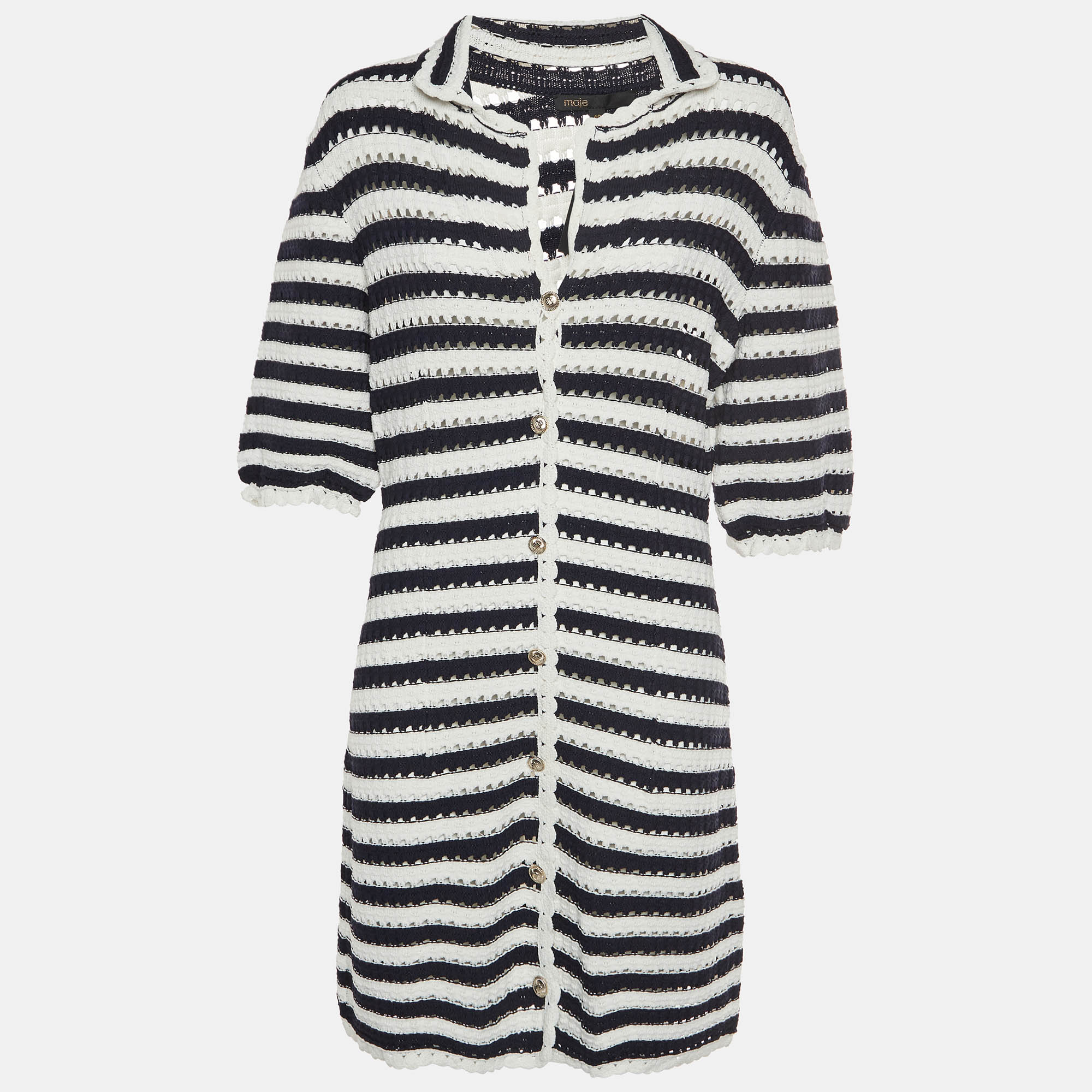 Maje WhiteNavy Blue Striped Crochet Rosette Mini Dress