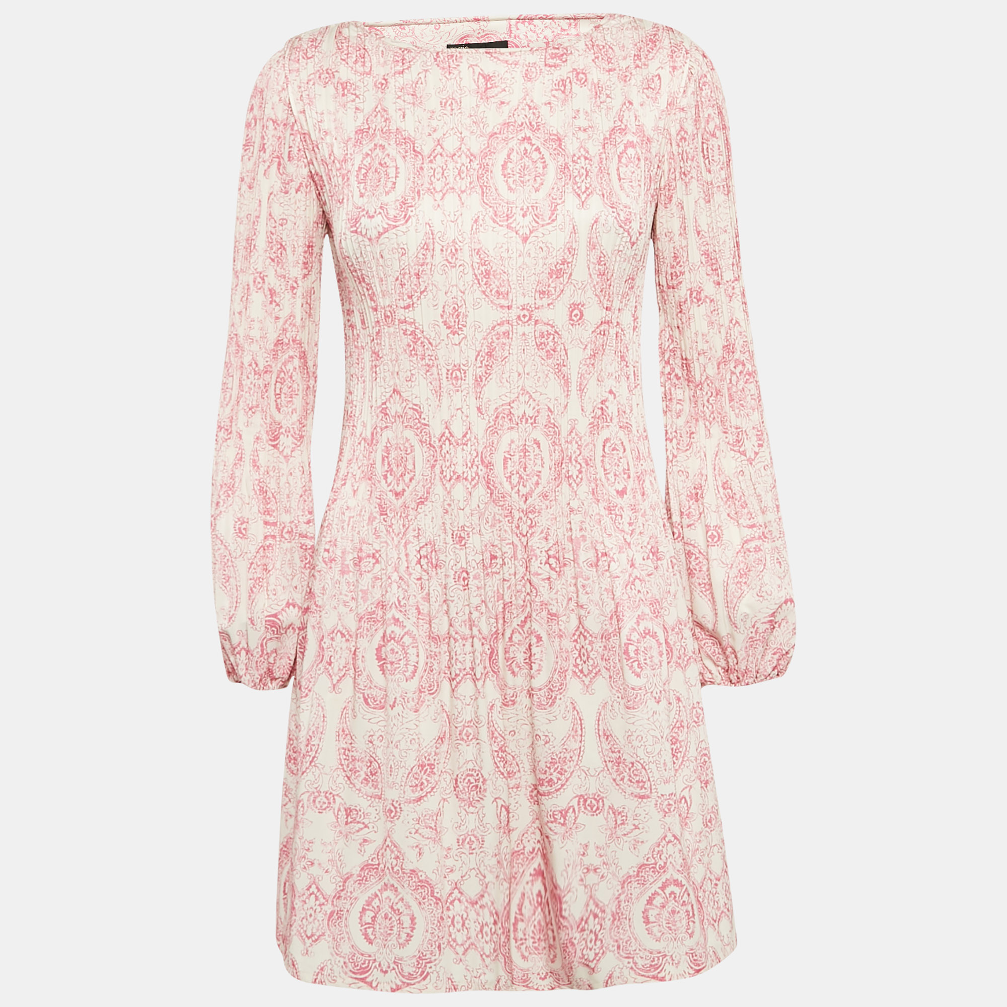 Maje WhitePink Paisley Print Crepe Pleated Mini Dress