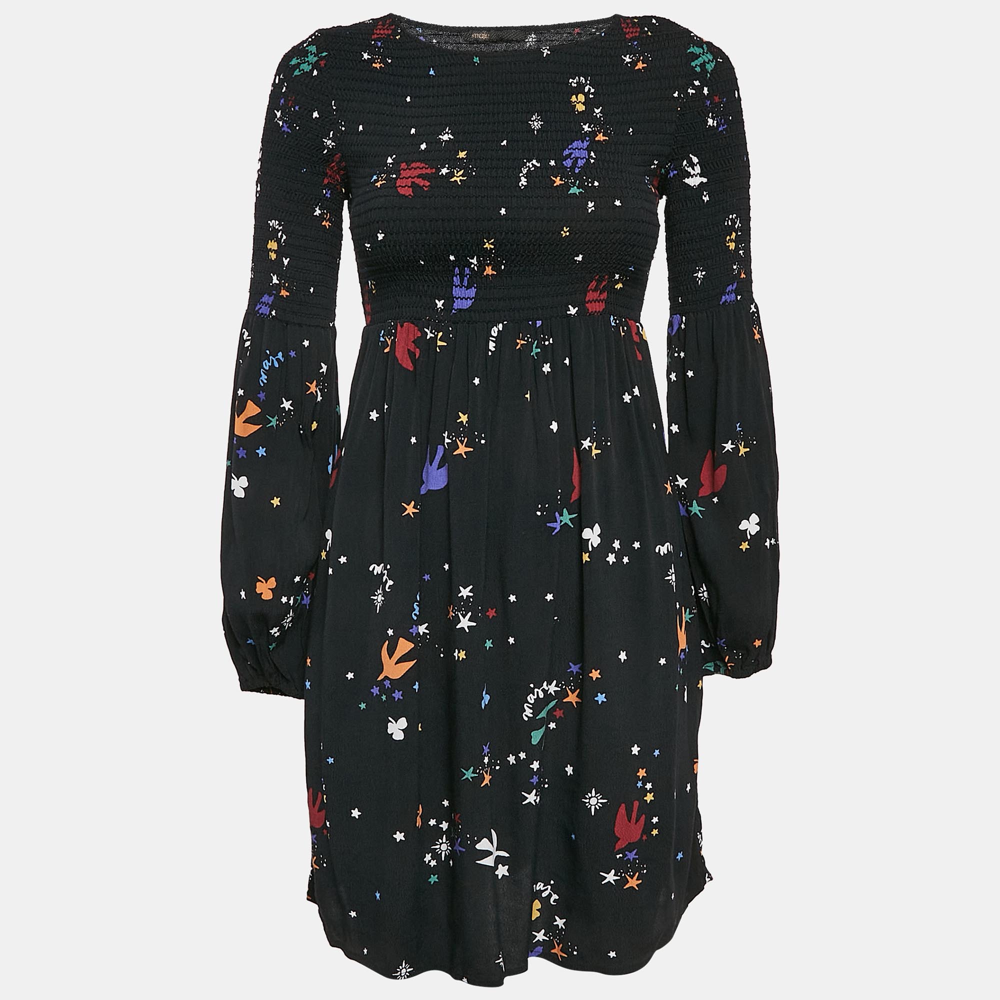 Maje Black Bird and Star Print Crepe Smocked Reskita Mini Dress