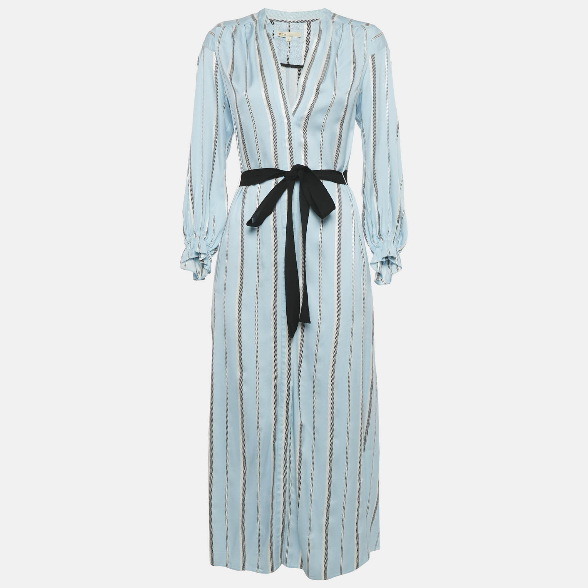 Maje Blue Stripe Crepe Button Front Belted Maxi Dress