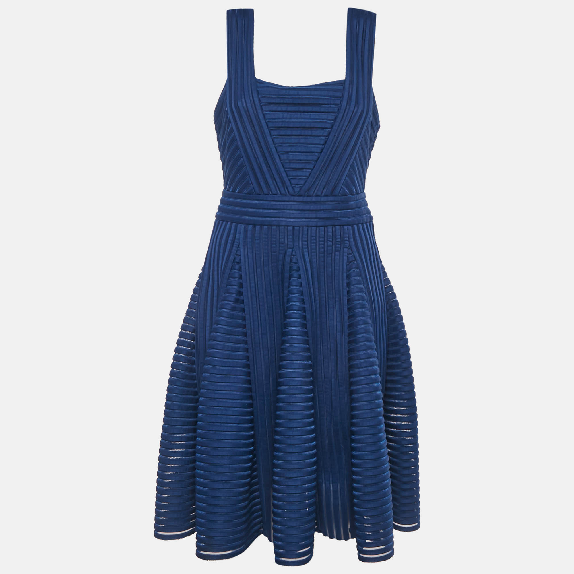 Maje Navy Blue Striped Jersey & Mesh Sleeveless Mini Dress