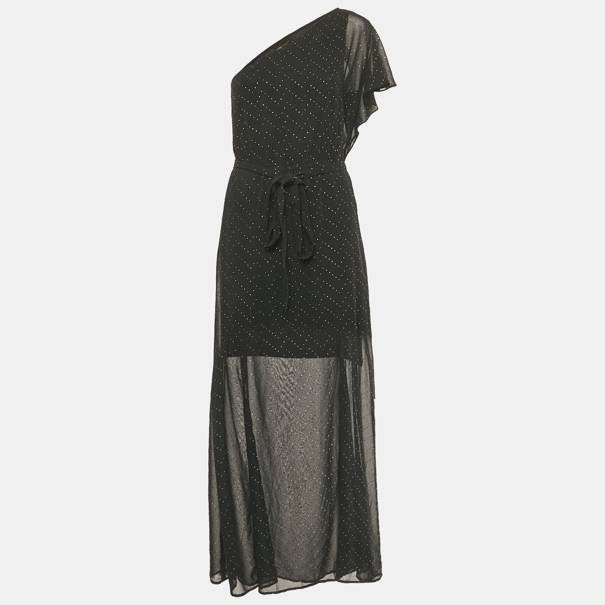 Maje Black Embellished One Shoulder Crepe Maxi Dress