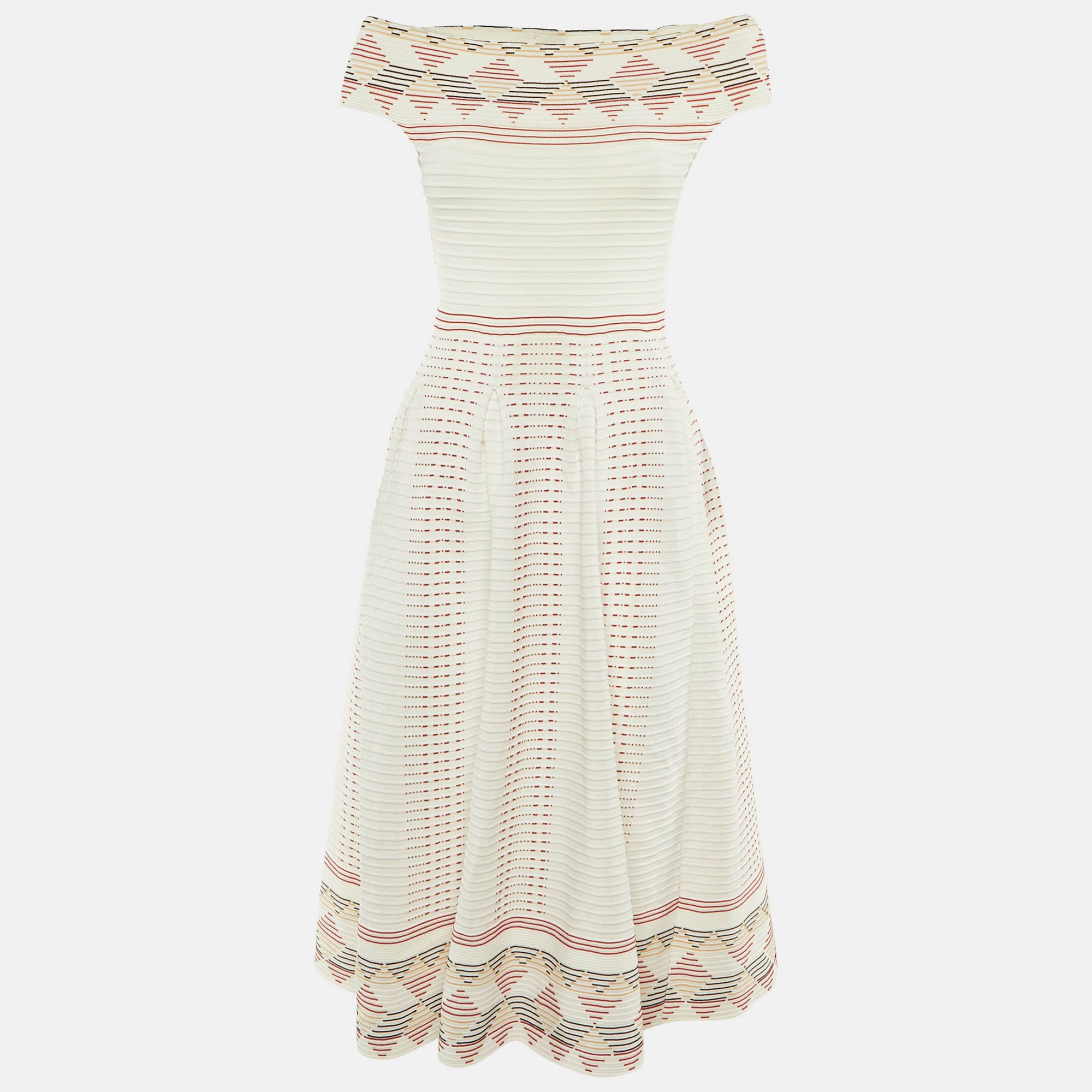 Maje Cream Patterned Knit Off Shoulder Remord Midi Dress