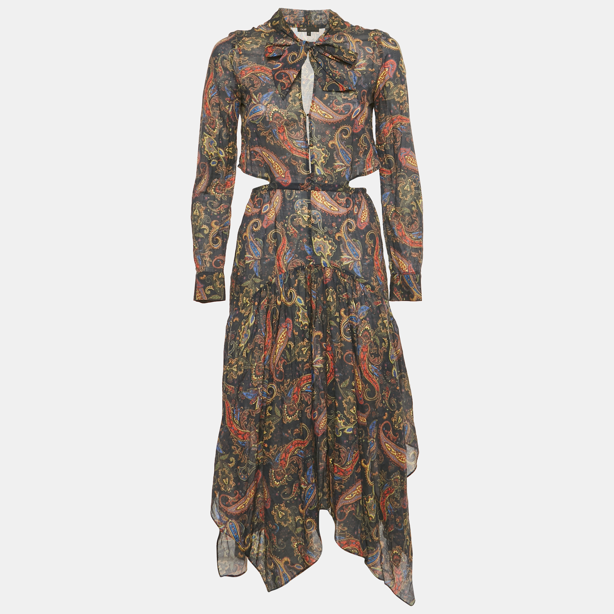 Maje Blue Paisley Print Citton Cut-Out Asymmetric Midi Dress