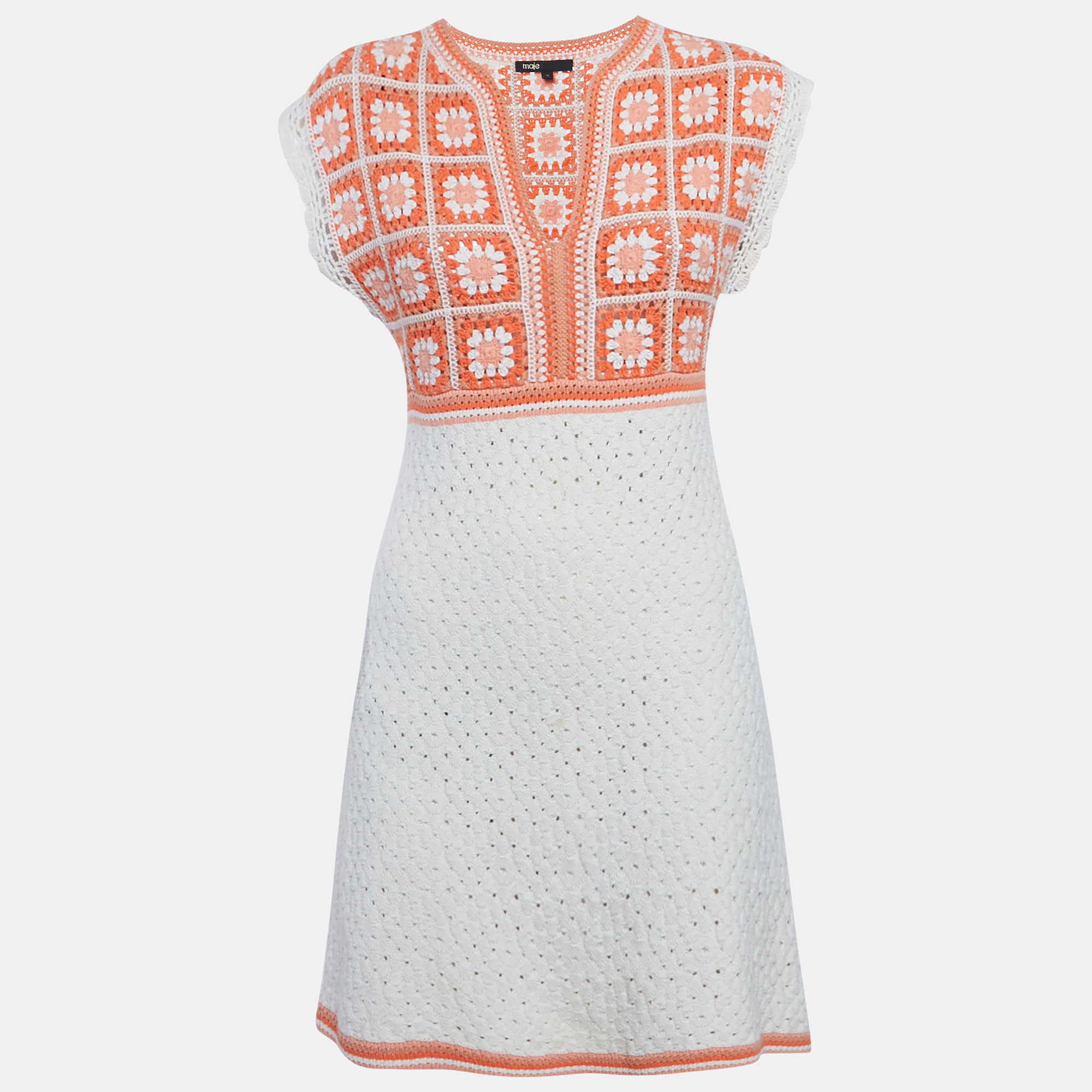 Maje OrangeWhite Crochet Mini Dress