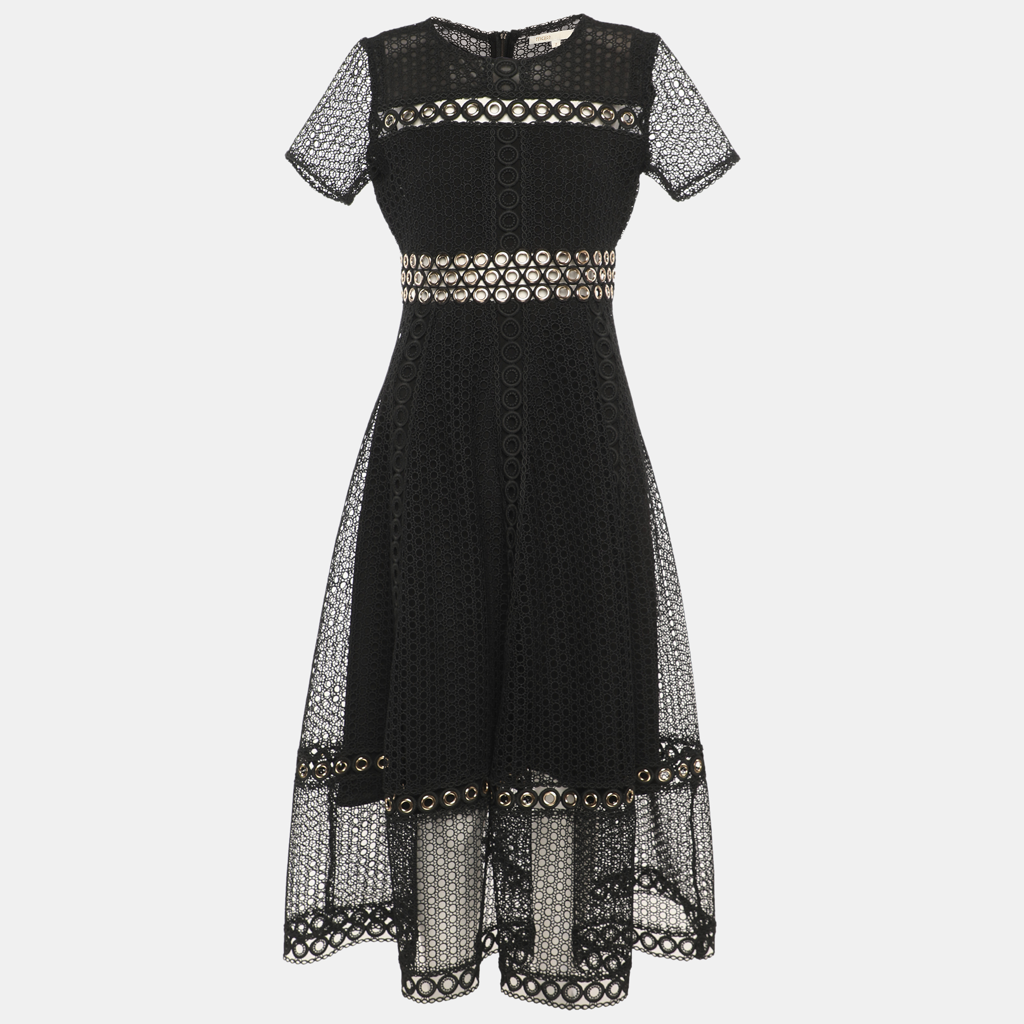 Maje Black Lace Grommet Short Sleeve Midi Dress