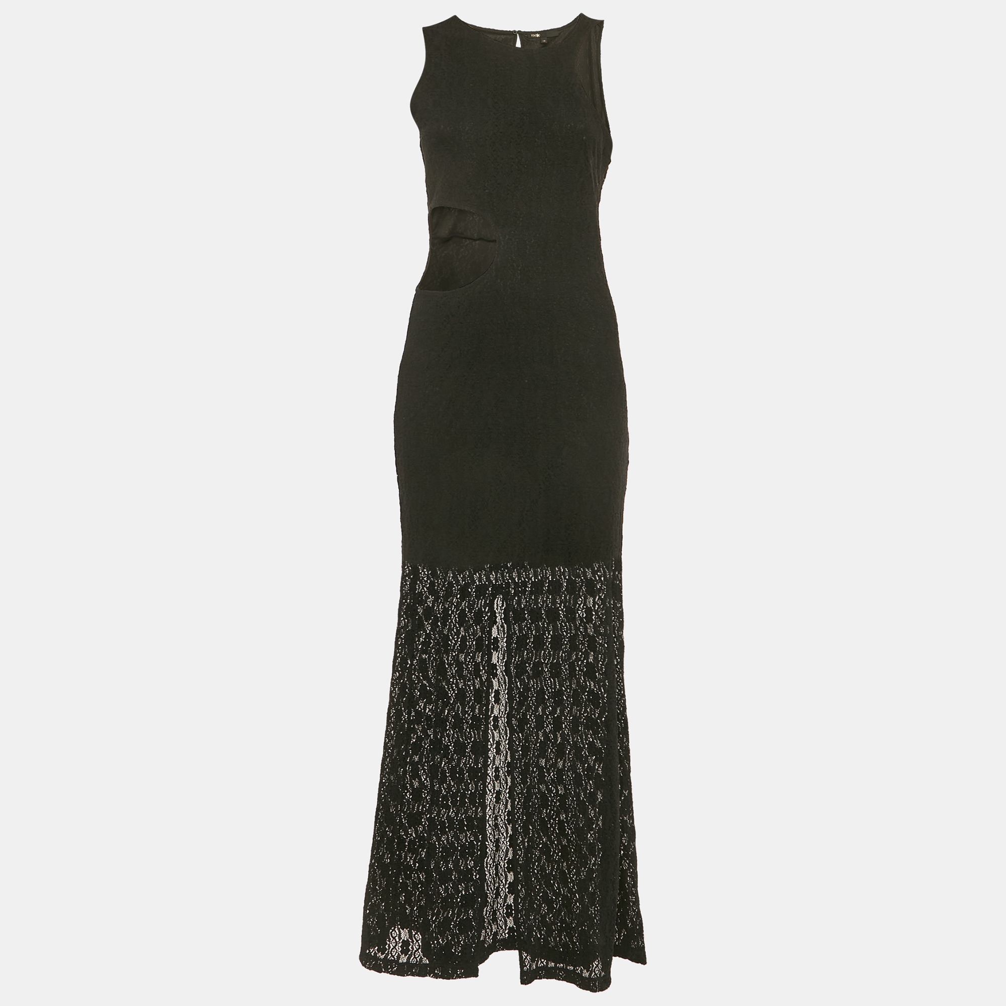 Maje Black Semi Sheer Stretch Lace Cutaway Maxi Dress
