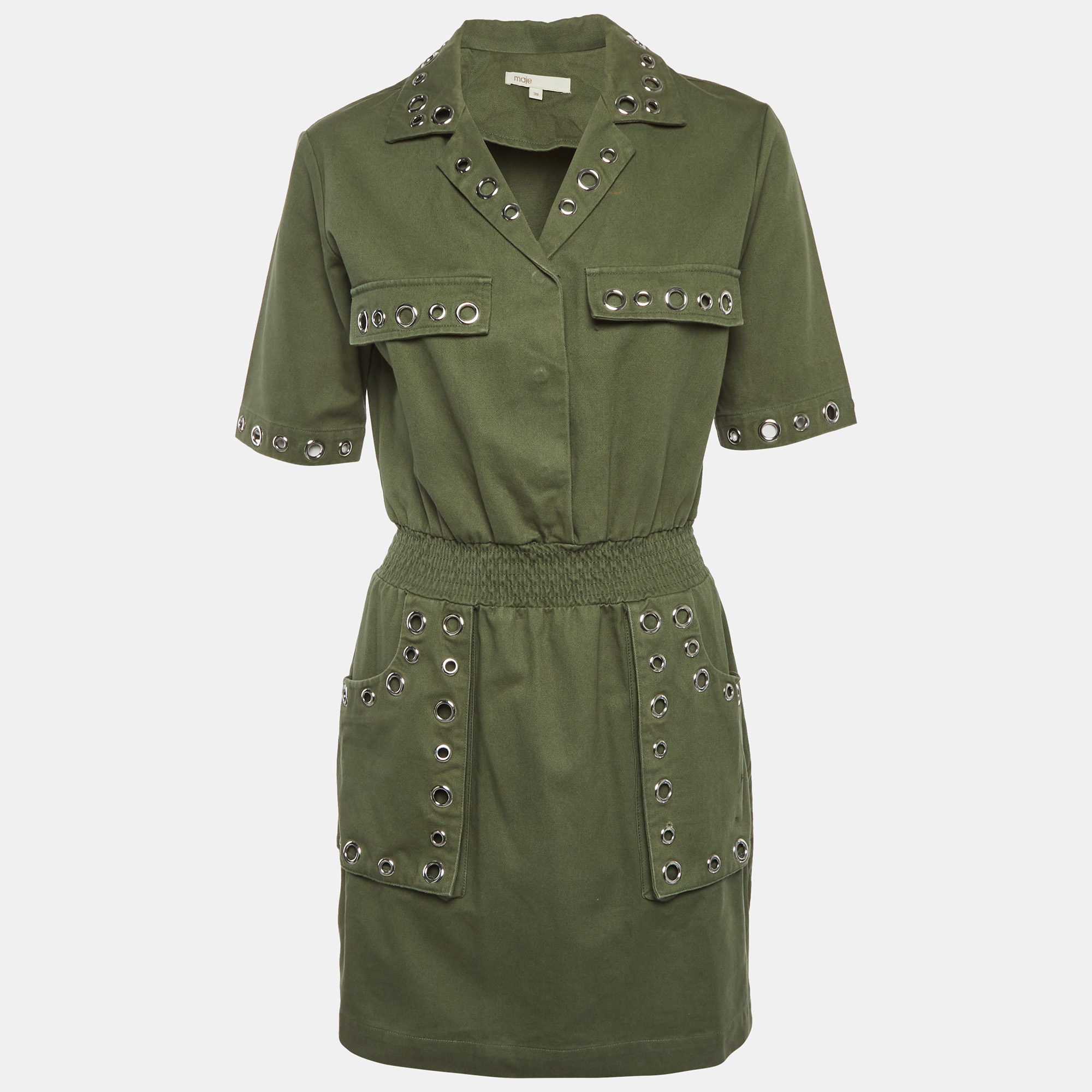 Maje Olive Green Denim Eyelet Detail Ramil Mini Dress
