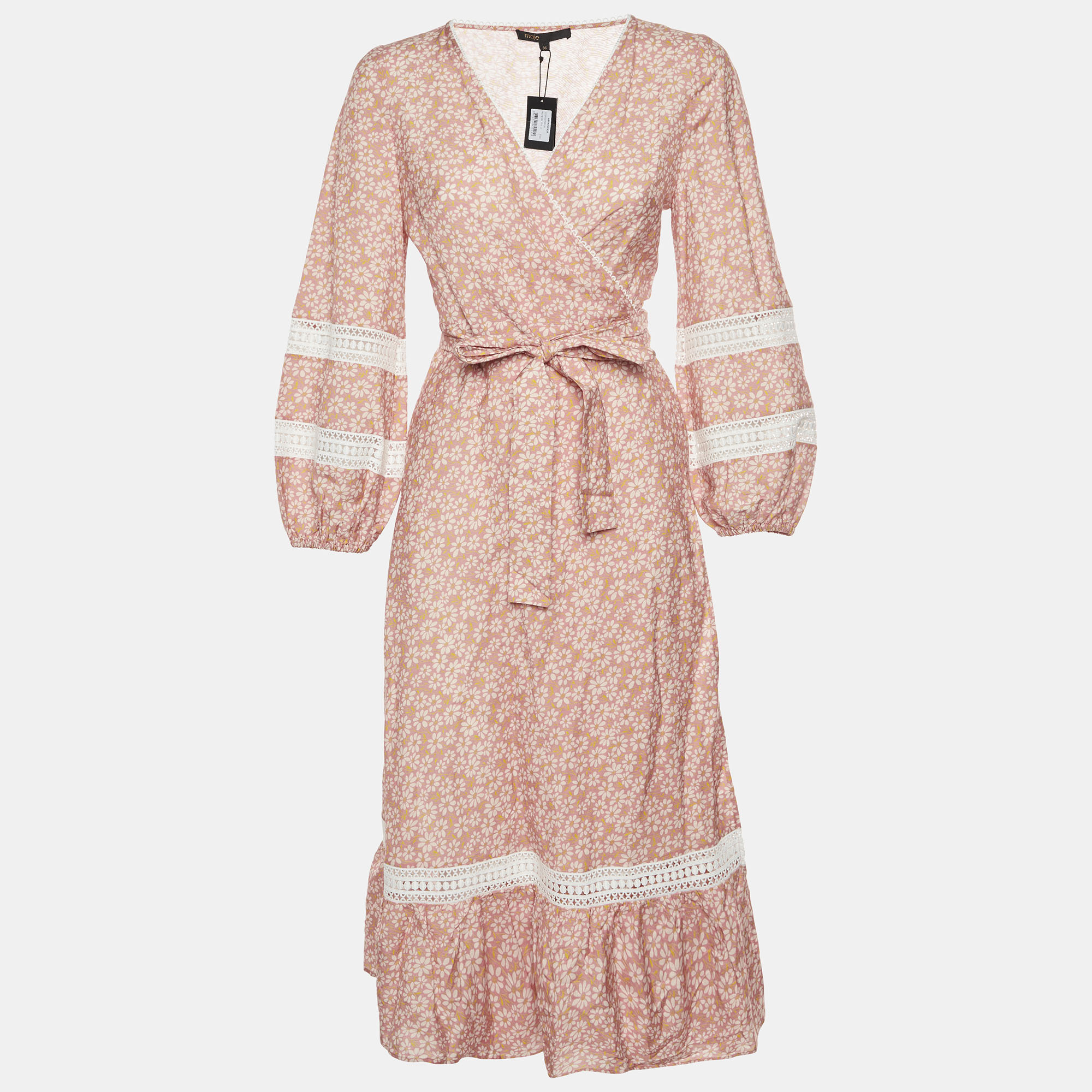 Maje Multicolor Floral Print Linen Blend Wrap Midi Dress