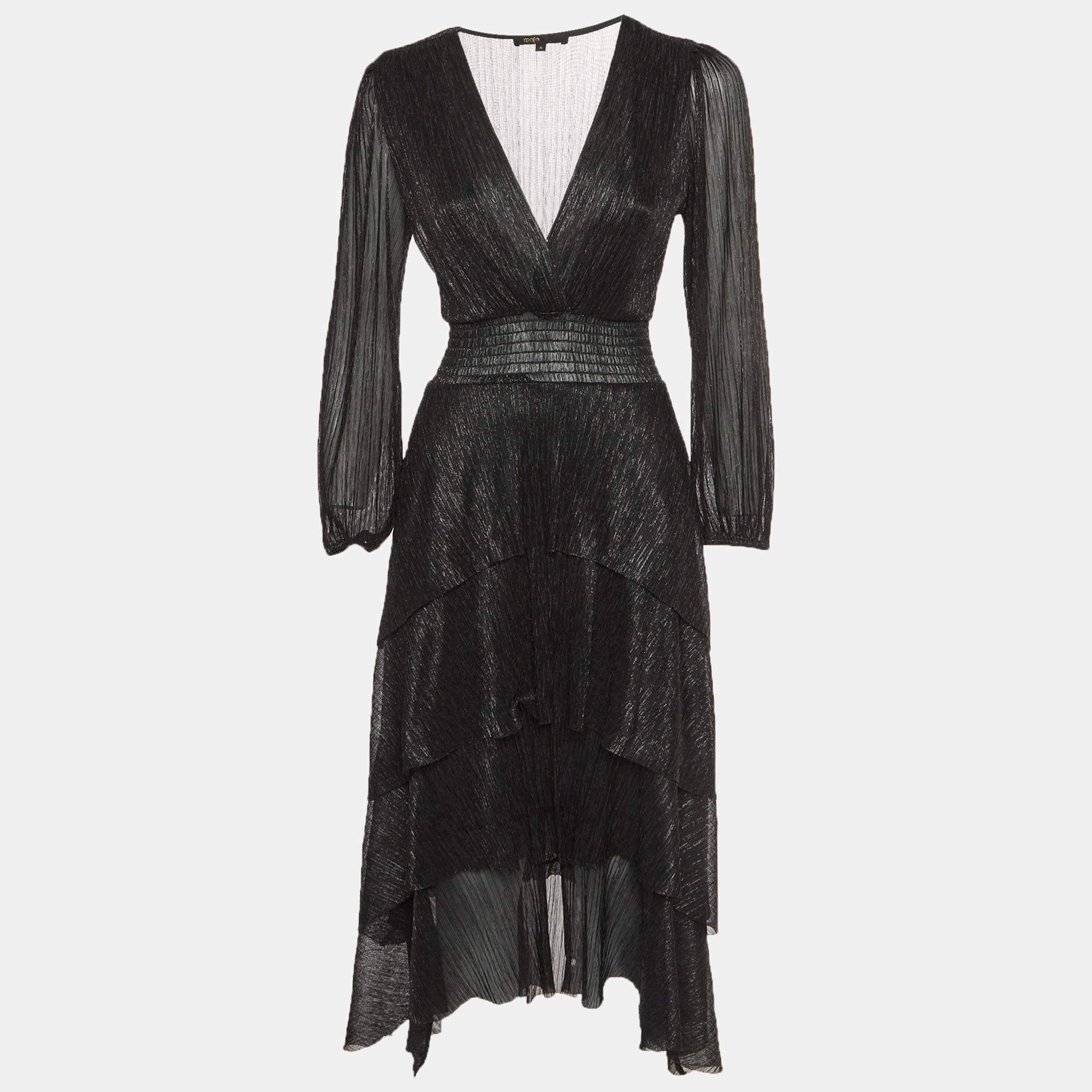 Maje Black Metallic Asymmetric Tiered Midi Dress