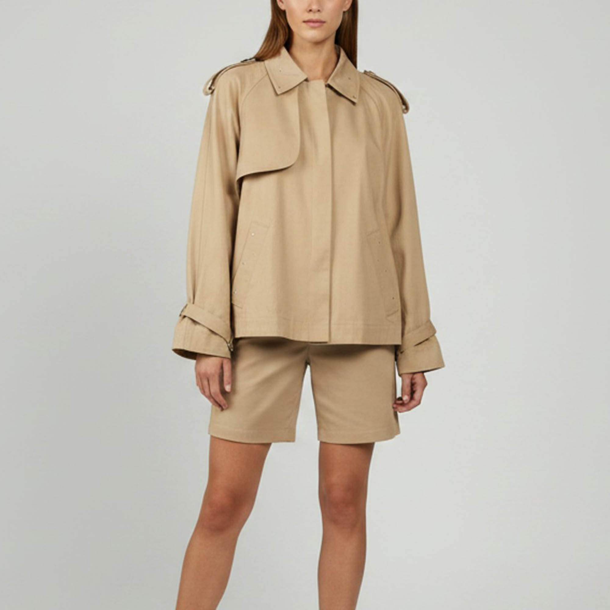 Maje Beige Studded Gabardine Cropped Trench Coat