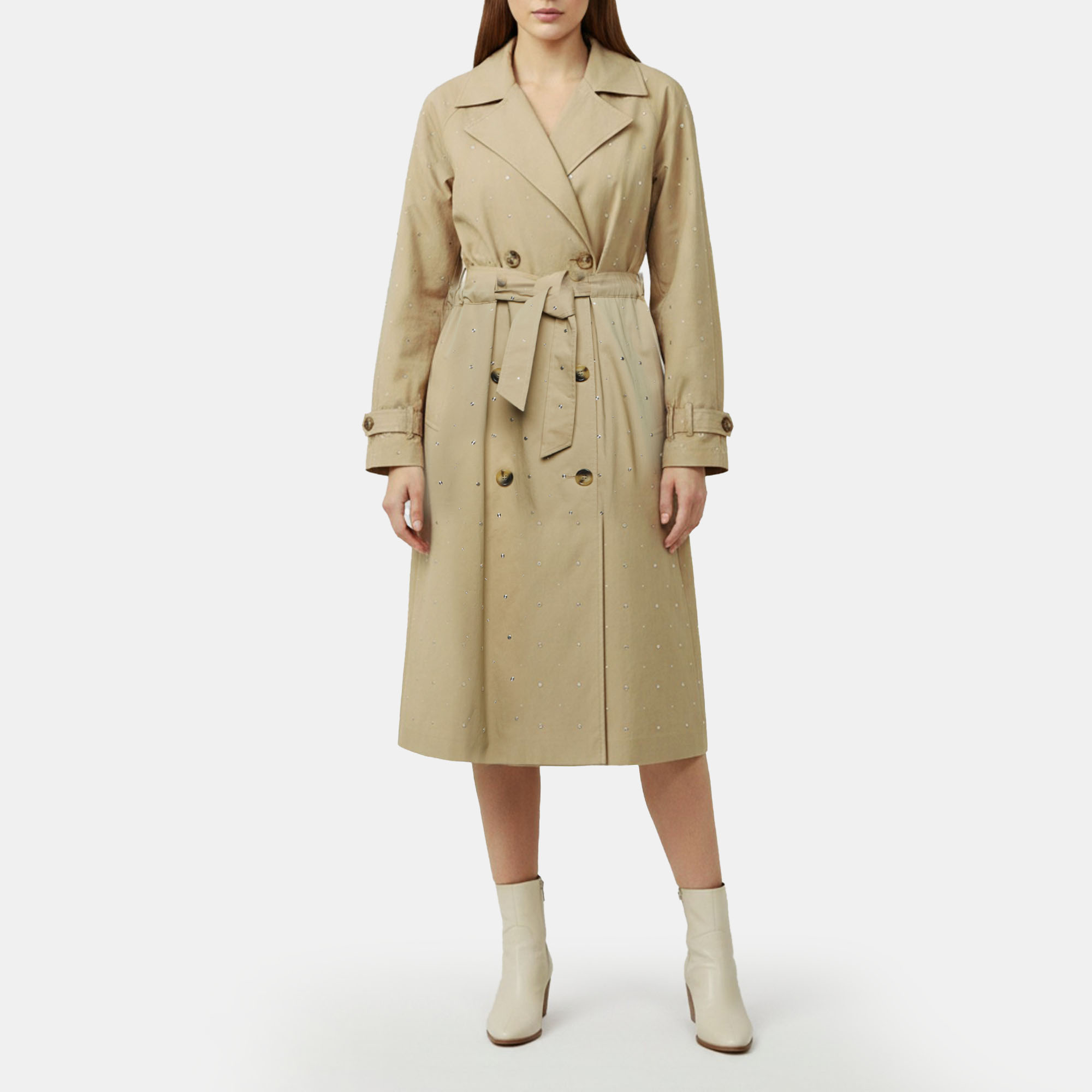 Maje Beige Studded Gabardine Long Trench Coat
