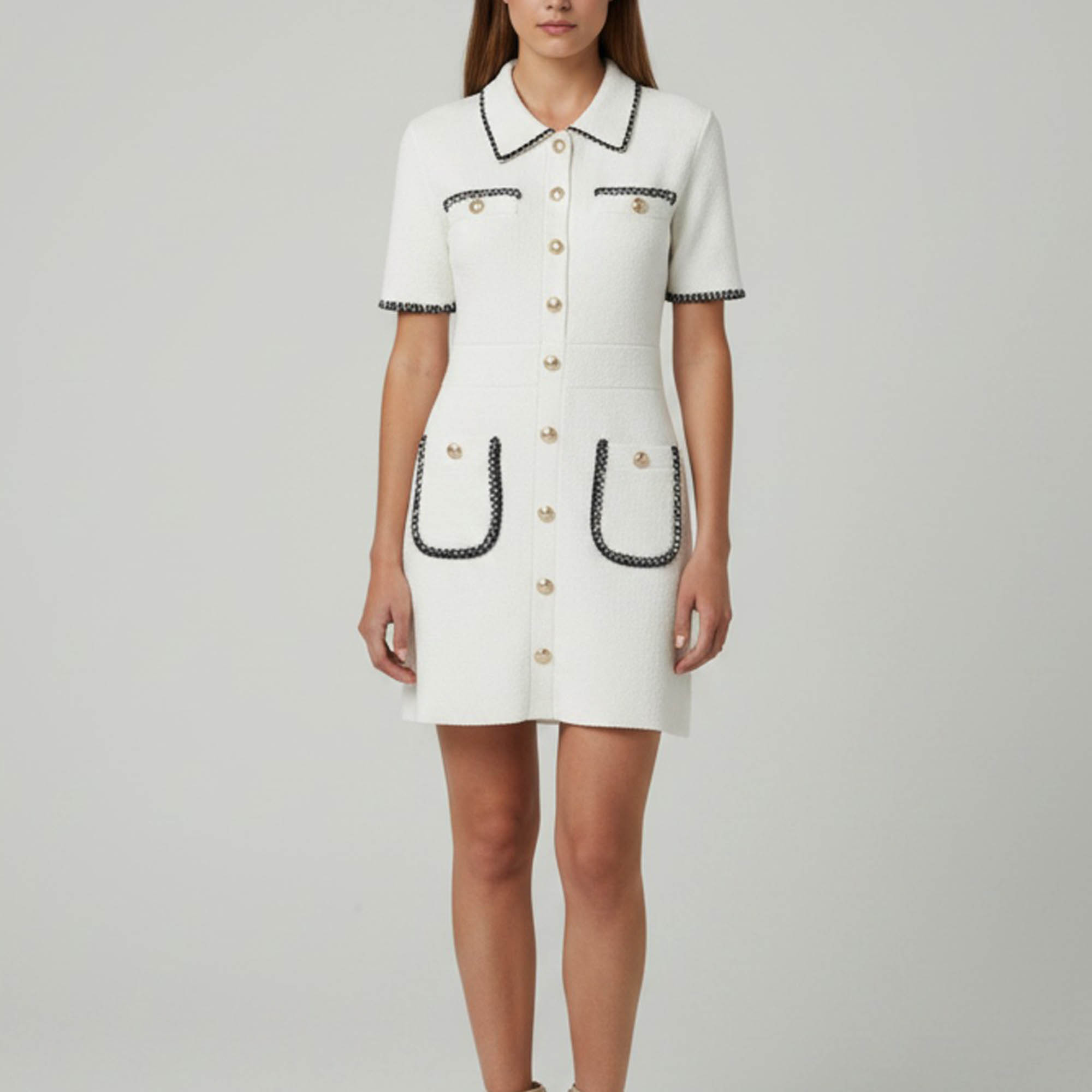 Maje White Bouclé Tweed Contrast Trim Risal Mini Dress