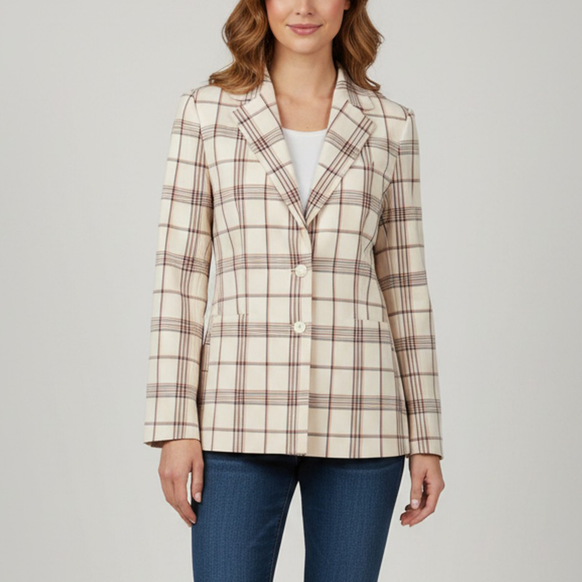 Maje Cream Plaid Gabardine Single Breasted Blazer