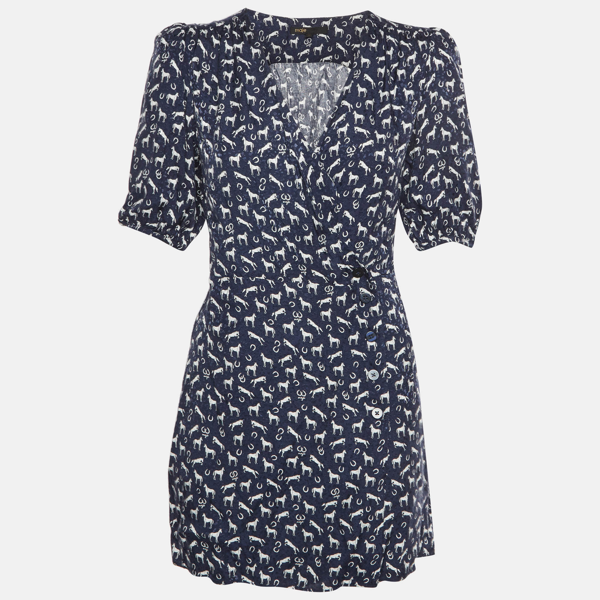 Maje Navy Blue Horse Print Jacquard Wrap Mini Dress