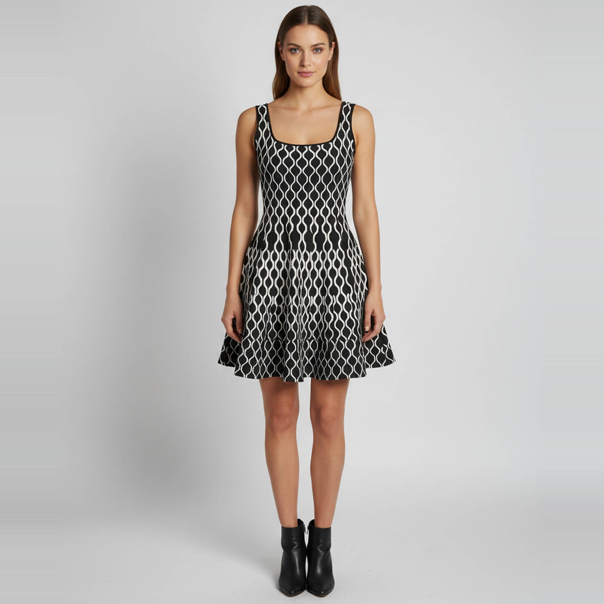 Maje BlackWhite Pattern Knit Skater Mini Dress