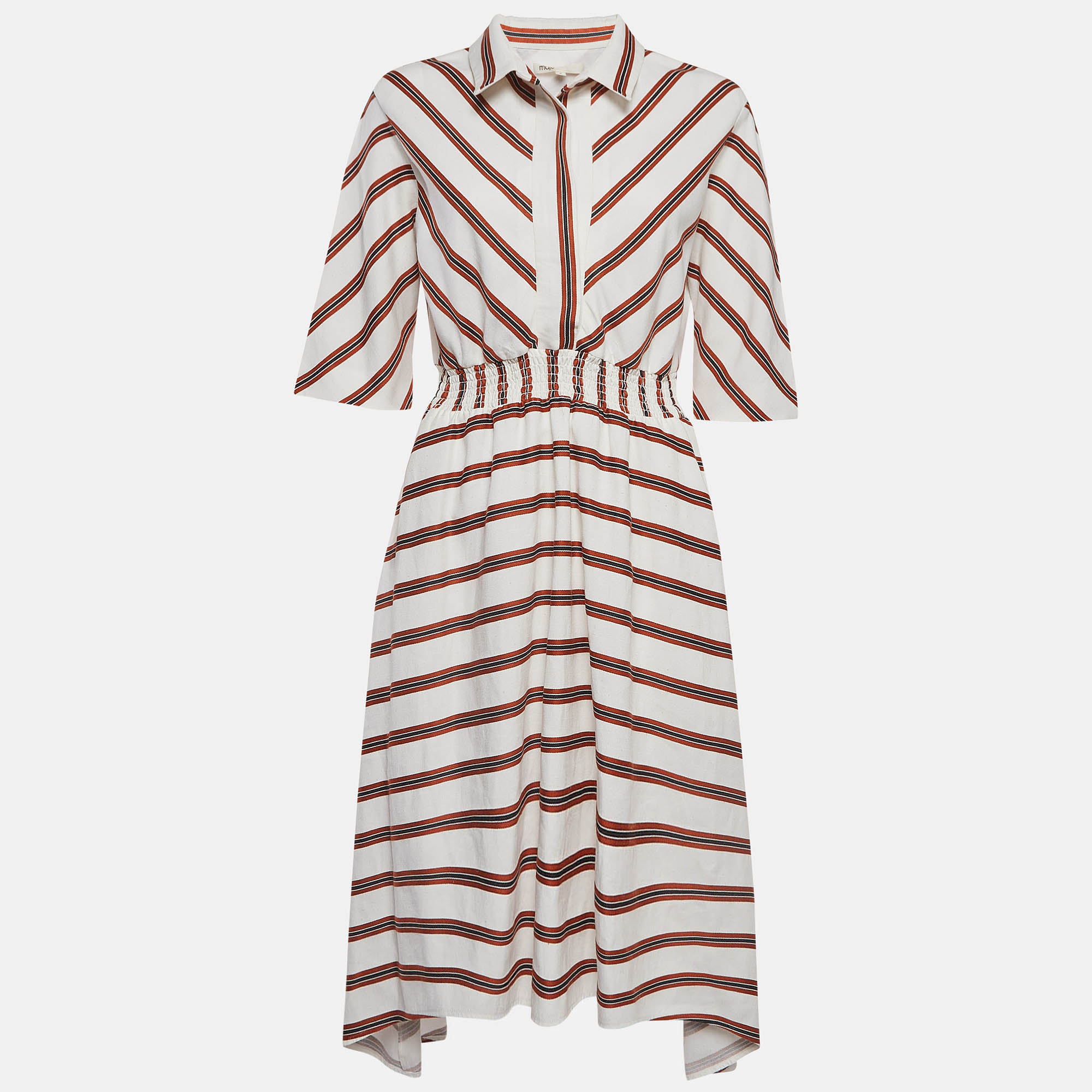 Maje WhiteRed Striped Gabardine Asymmetric Midi Dress