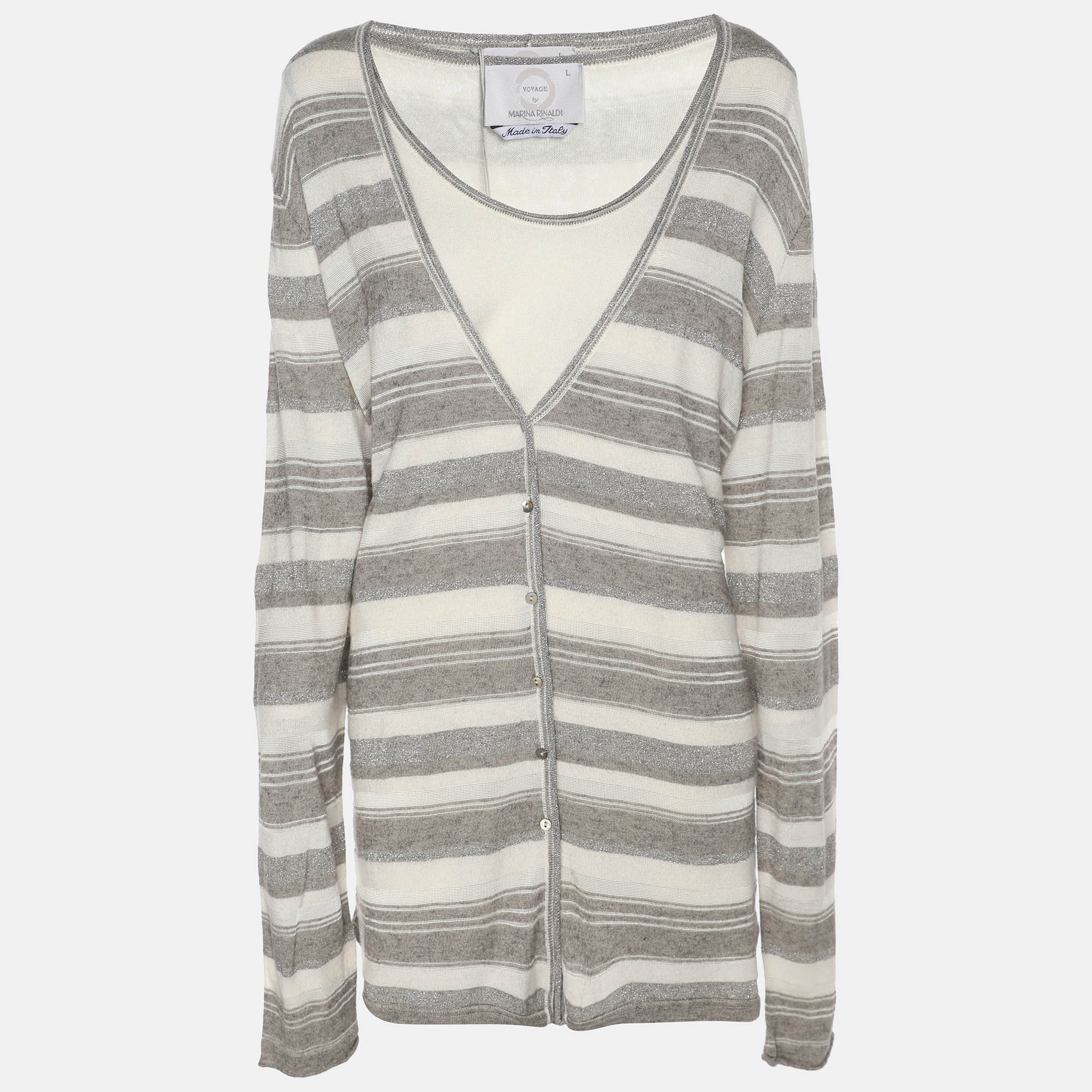 Voyage by Marina Rinaldi GreyOff White Stripe Stretch Knit Cardigan Set