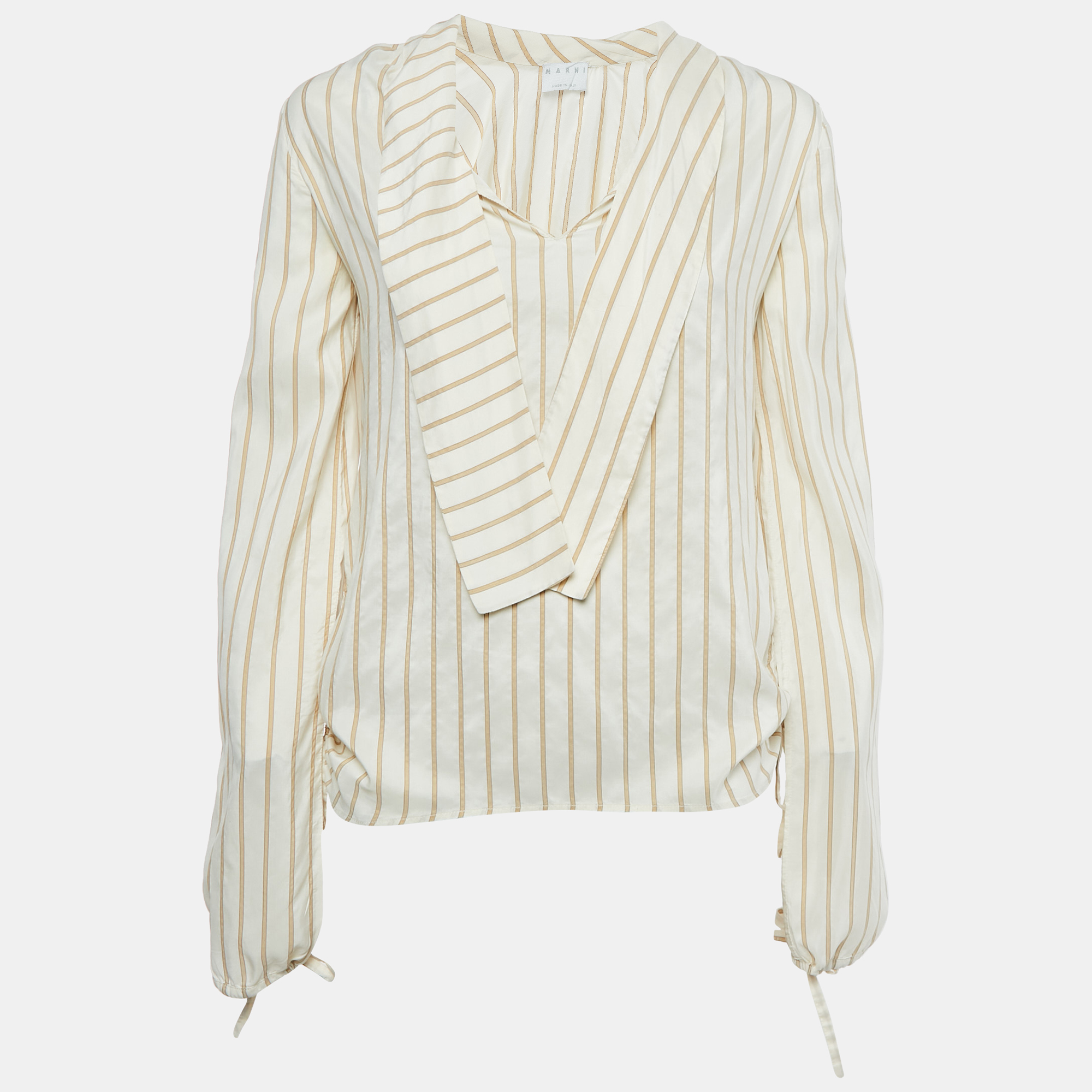 Marni Cream Stripe Silk Neck Tie-Up Detail Blouse